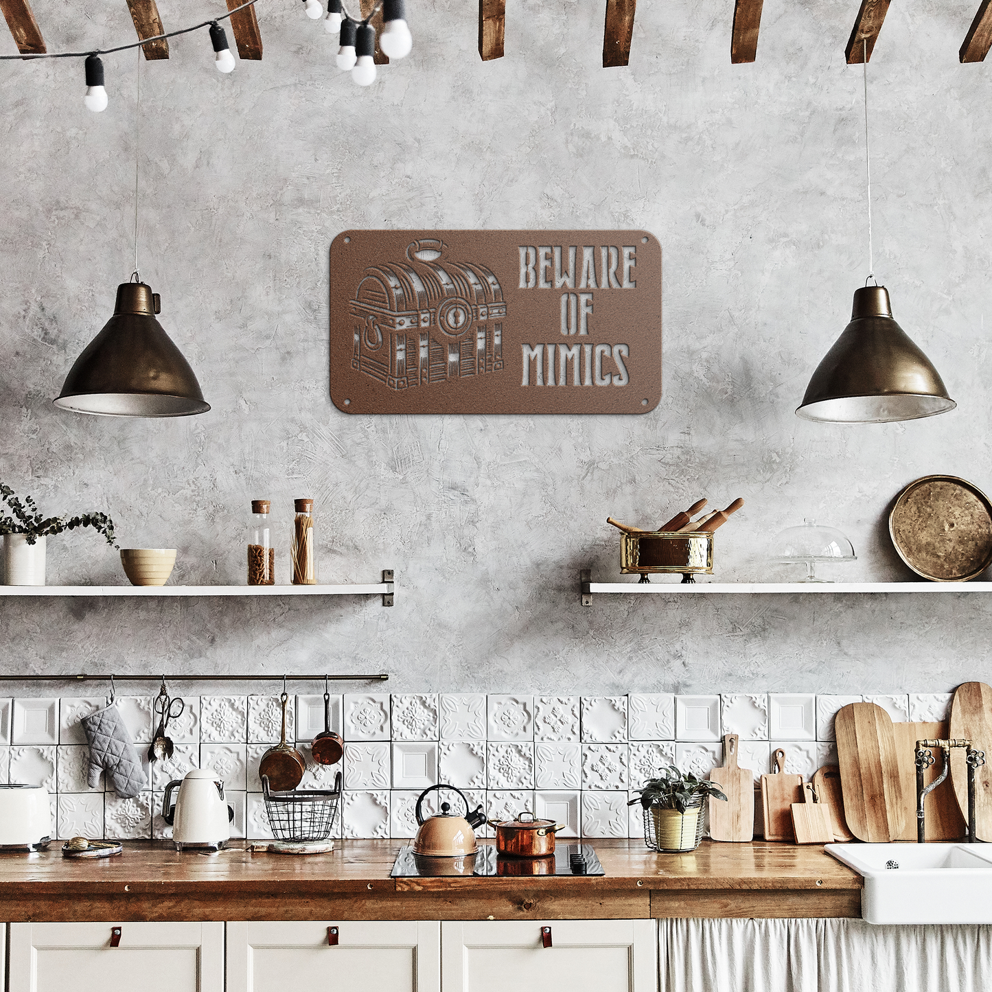 "Beware of Mimics" metal sign with a treasure chest graphic, playfully warning of hidden dangers. Ideal for TTRPG and gaming decor, made of 18-gauge steel and available in black, red, white, copper, or silver. Comes in six sizes ranging from 12 to 36 inches.