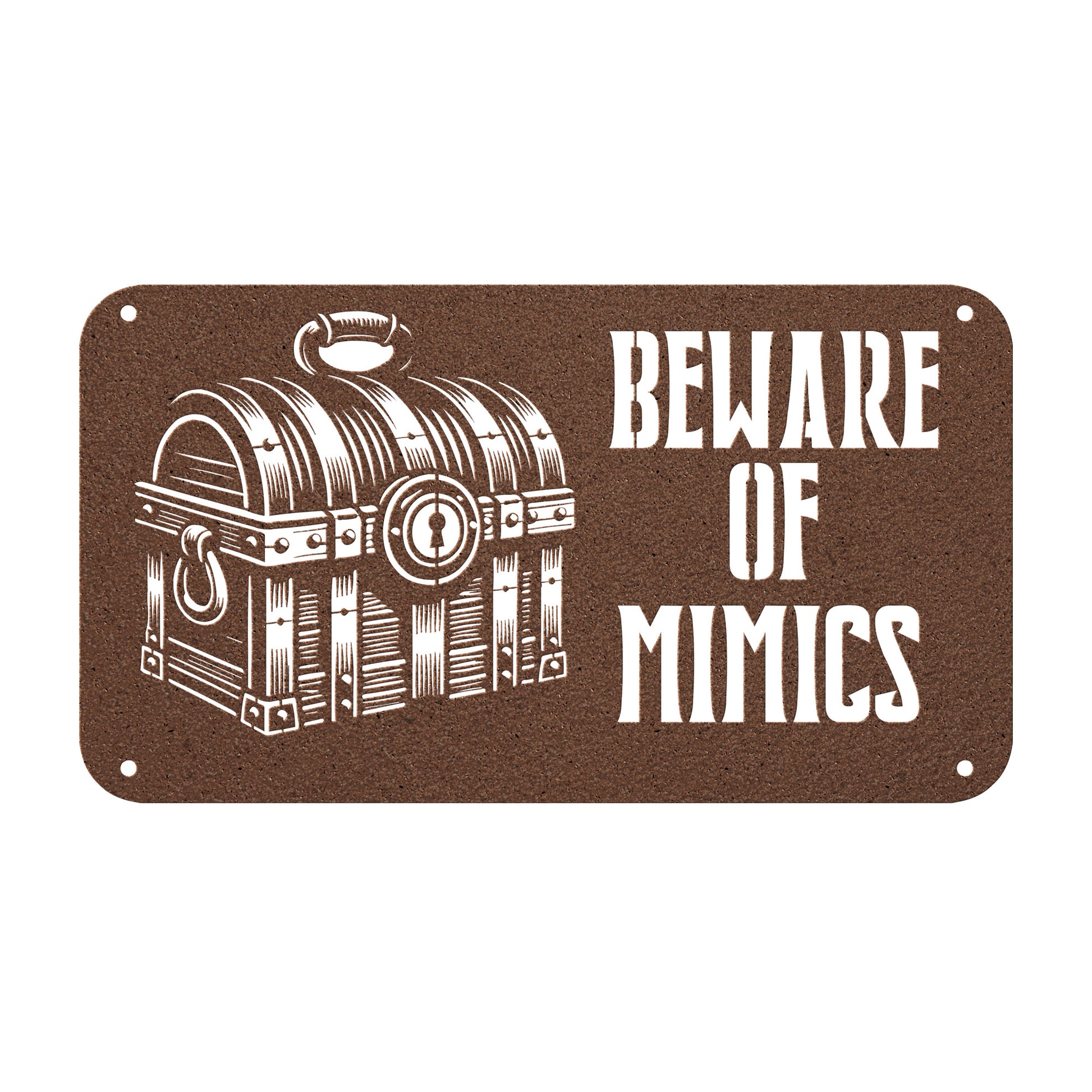 "Beware of Mimics" metal sign with a treasure chest graphic, playfully warning of hidden dangers. Ideal for TTRPG and gaming decor, made of 18-gauge steel and available in black, red, white, copper, or silver. Comes in six sizes ranging from 12 to 36 inches.