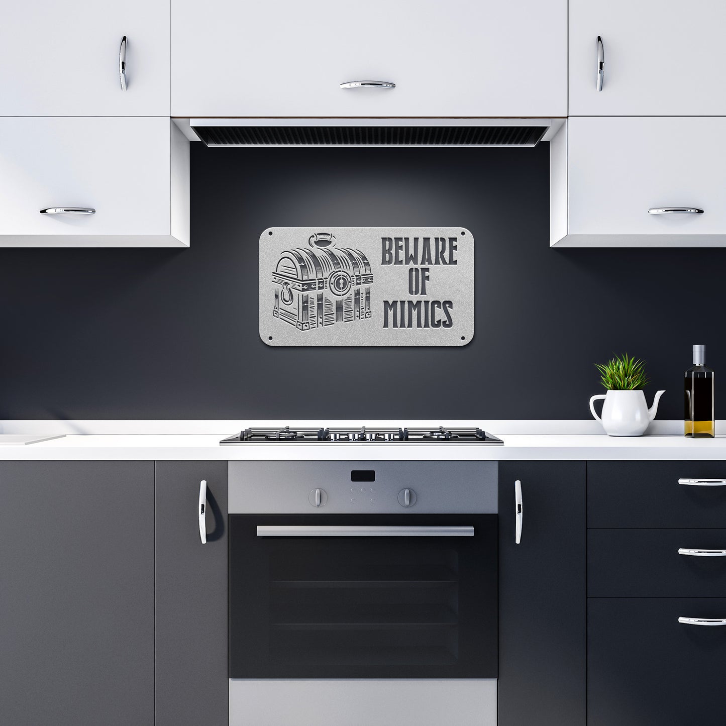 "Beware of Mimics" metal sign with a treasure chest graphic, playfully warning of hidden dangers. Ideal for TTRPG and gaming decor, made of 18-gauge steel and available in black, red, white, copper, or silver. Comes in six sizes ranging from 12 to 36 inches.