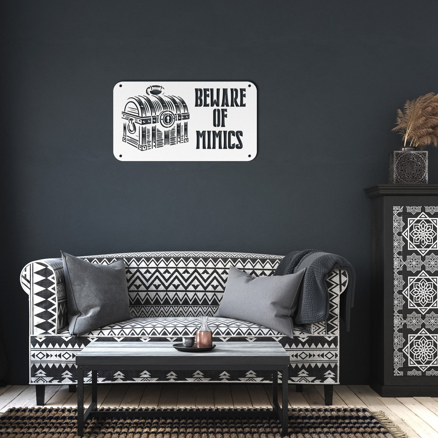 "Beware of Mimics" metal sign with a treasure chest graphic, playfully warning of hidden dangers. Ideal for TTRPG and gaming decor, made of 18-gauge steel and available in black, red, white, copper, or silver. Comes in six sizes ranging from 12 to 36 inches.