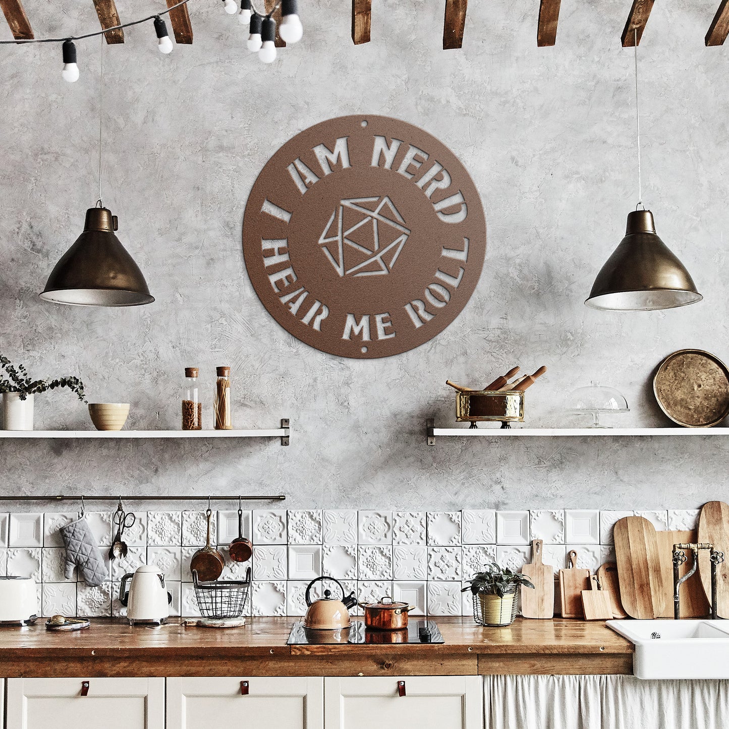 Metal sign with the phrase 'I am nerd, hear me roll' and a D20 dice design, ideal for tabletop role-playing game fans. Made from durable 18-gauge steel, available in five color options (black, red, white, copper, and silver) and six sizes (36", 30", 24", 18", 14", 12"). Perfect for adding a geek-chic touch to game rooms, home offices, or personal spaces. Mounting hardware not included.