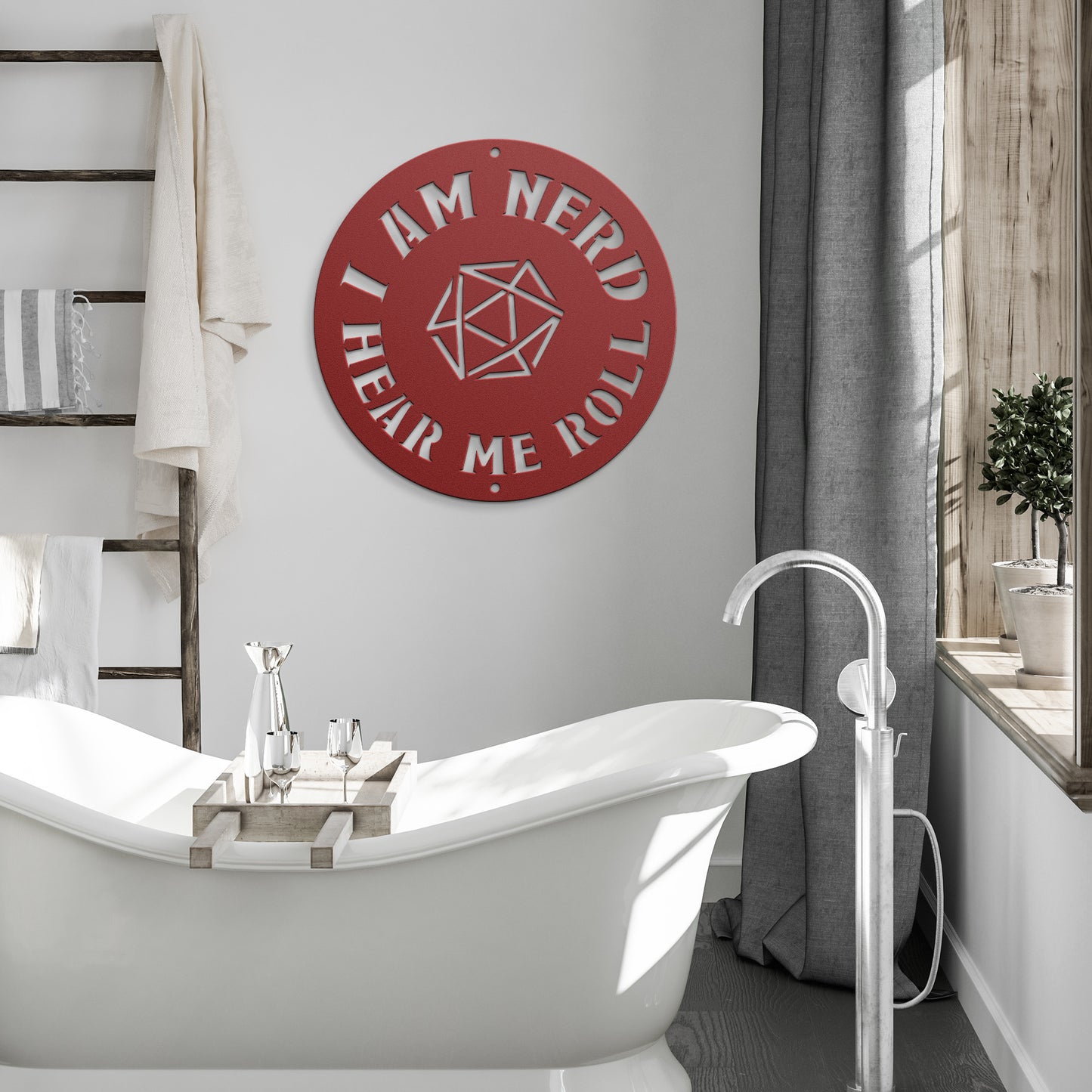 Metal sign with the phrase 'I am nerd, hear me roll' and a D20 dice design, ideal for tabletop role-playing game fans. Made from durable 18-gauge steel, available in five color options (black, red, white, copper, and silver) and six sizes (36", 30", 24", 18", 14", 12"). Perfect for adding a geek-chic touch to game rooms, home offices, or personal spaces. Mounting hardware not included.