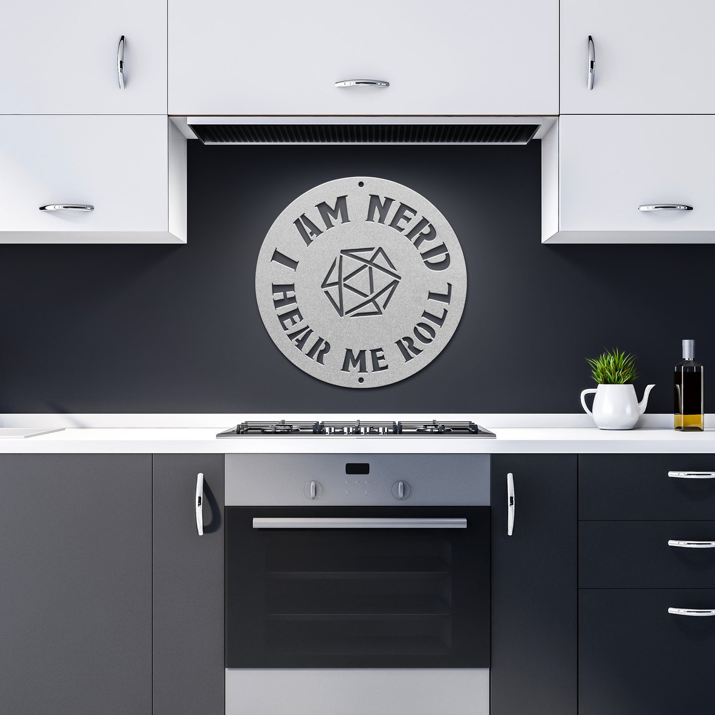 Metal sign with the phrase 'I am nerd, hear me roll' and a D20 dice design, ideal for tabletop role-playing game fans. Made from durable 18-gauge steel, available in five color options (black, red, white, copper, and silver) and six sizes (36", 30", 24", 18", 14", 12"). Perfect for adding a geek-chic touch to game rooms, home offices, or personal spaces. Mounting hardware not included.