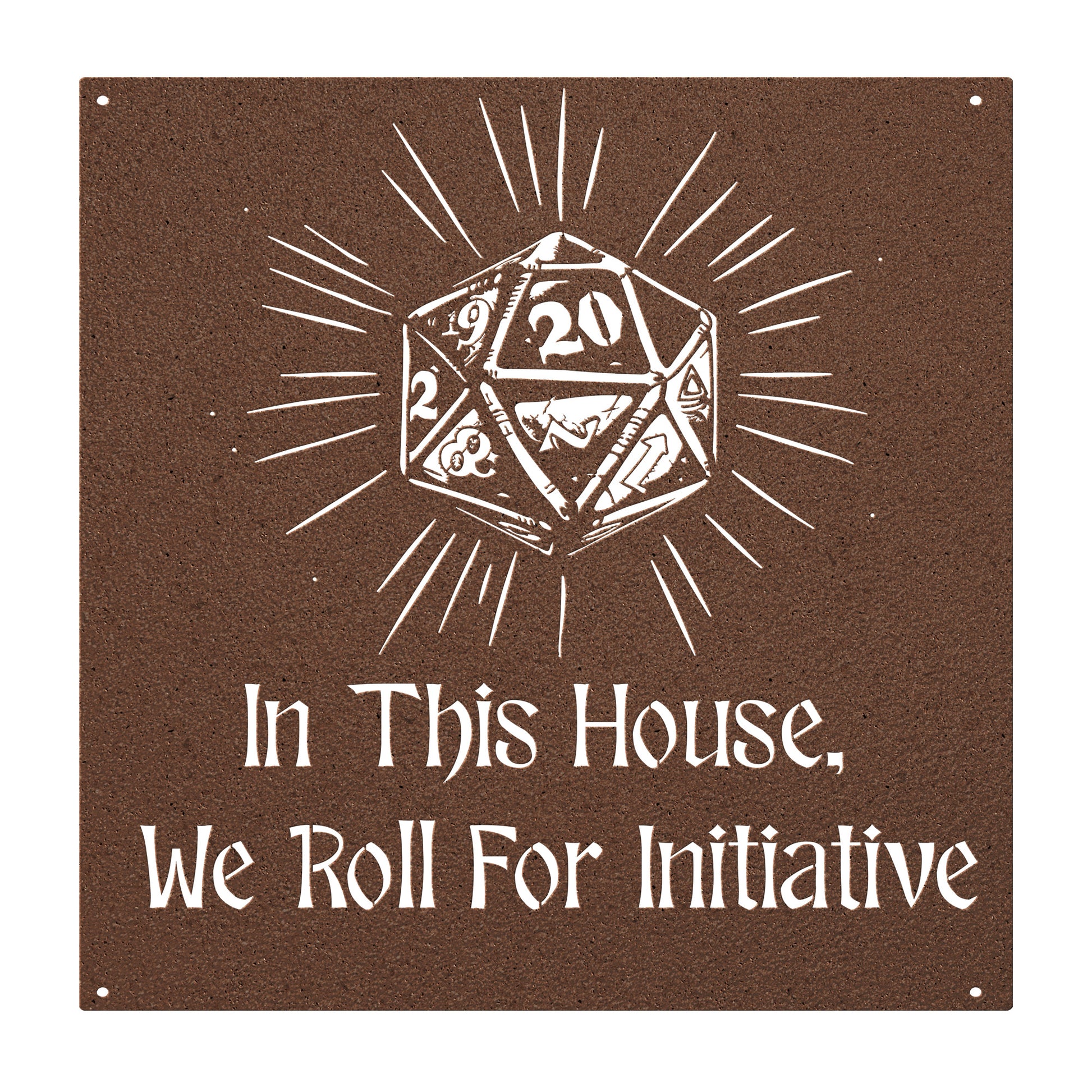 Metal sign featuring the phrase 'In This House, We Roll For Initiative' with a d20 dice design, perfect for tabletop gaming enthusiasts. Made from 18-gauge steel and powder-coated in five color options (black, red, white, copper, and silver). Available in six sizes (36", 30", 24", 18", 14", 12"), suitable for indoor or outdoor display in game rooms, patios, or living spaces. Mounting hardware not included.