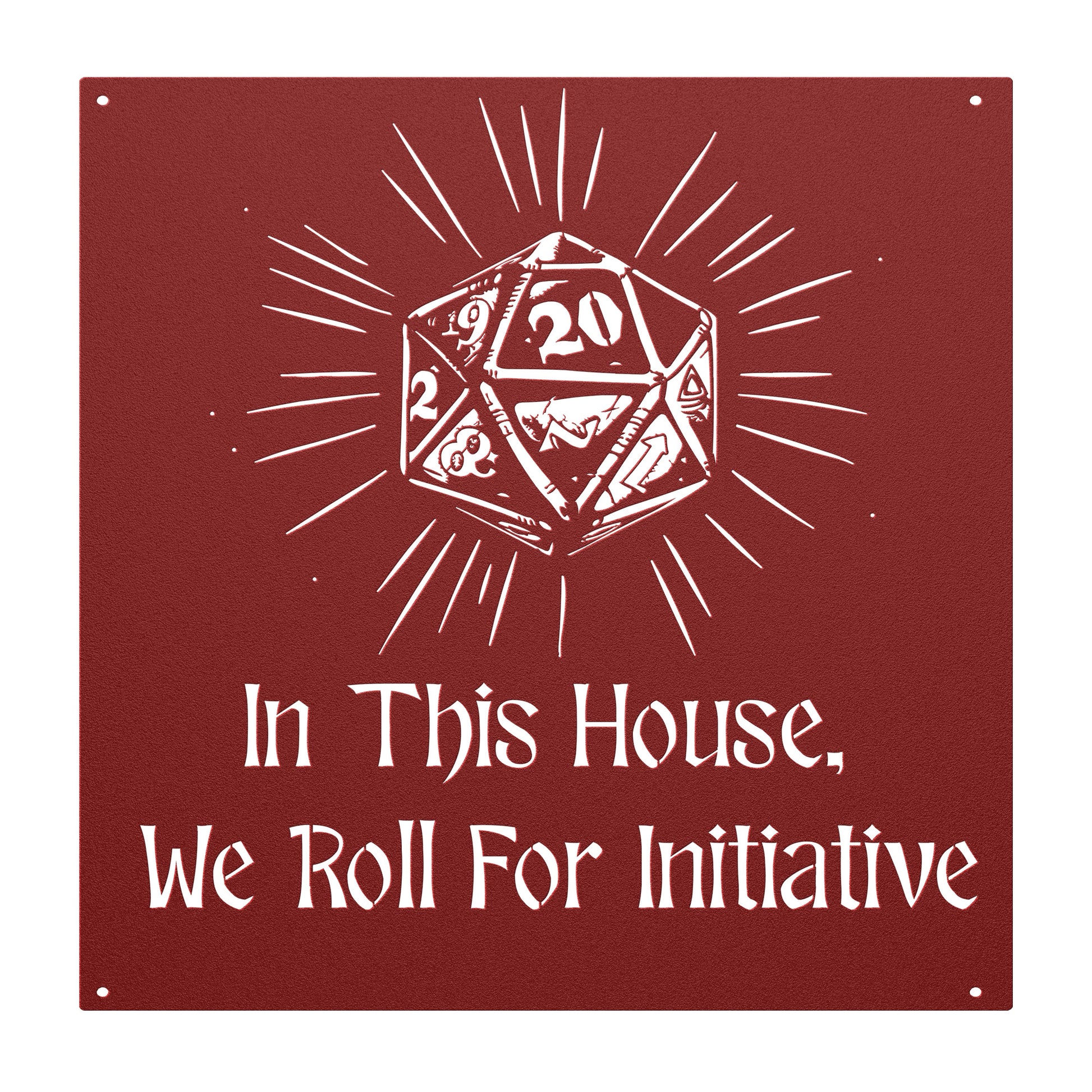 Metal sign featuring the phrase 'In This House, We Roll For Initiative' with a d20 dice design, perfect for tabletop gaming enthusiasts. Made from 18-gauge steel and powder-coated in five color options (black, red, white, copper, and silver). Available in six sizes (36", 30", 24", 18", 14", 12"), suitable for indoor or outdoor display in game rooms, patios, or living spaces. Mounting hardware not included.