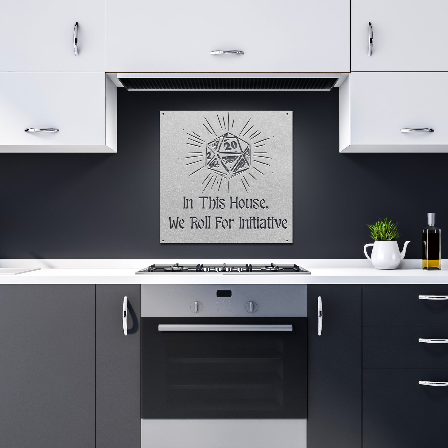 Metal sign featuring the phrase 'In This House, We Roll For Initiative' with a d20 dice design, perfect for tabletop gaming enthusiasts. Made from 18-gauge steel and powder-coated in five color options (black, red, white, copper, and silver). Available in six sizes (36", 30", 24", 18", 14", 12"), suitable for indoor or outdoor display in game rooms, patios, or living spaces. Mounting hardware not included.