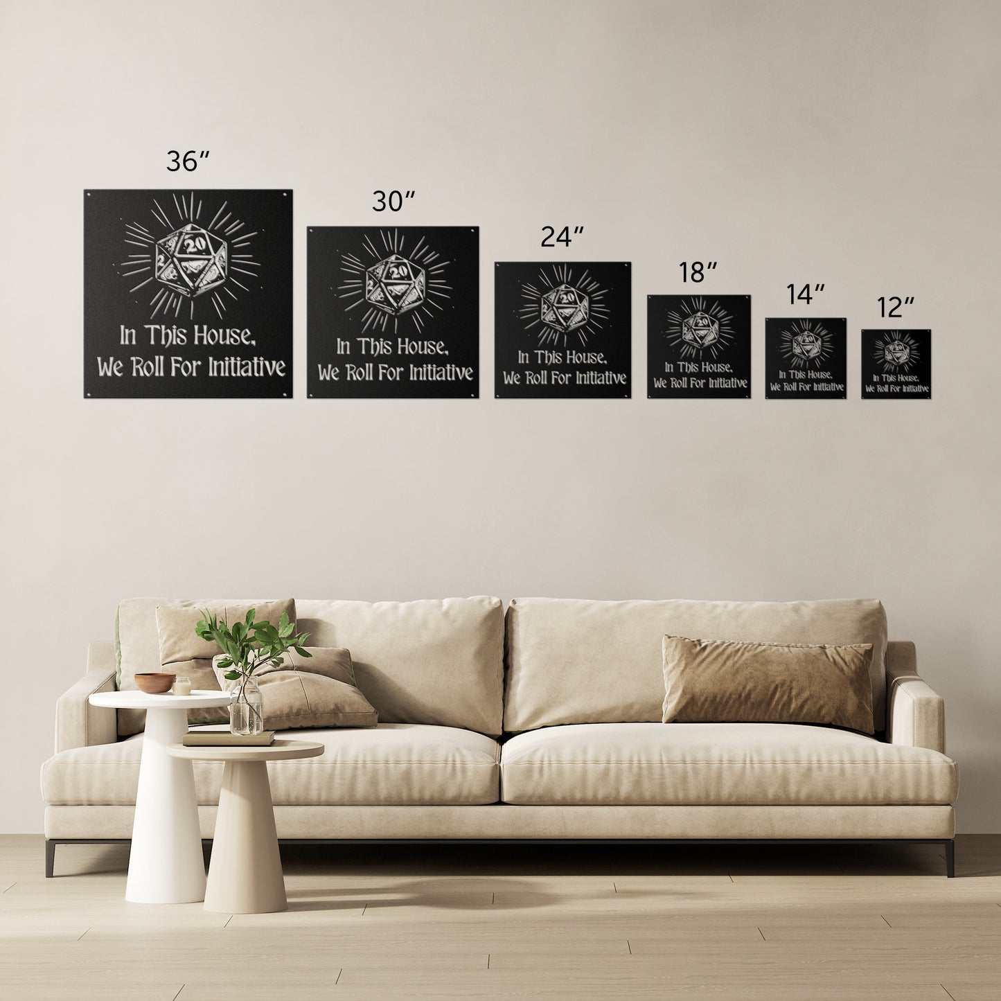 Metal sign featuring the phrase 'In This House, We Roll For Initiative' with a d20 dice design, perfect for tabletop gaming enthusiasts. Made from 18-gauge steel and powder-coated in five color options (black, red, white, copper, and silver). Available in six sizes (36", 30", 24", 18", 14", 12"), suitable for indoor or outdoor display in game rooms, patios, or living spaces. Mounting hardware not included.