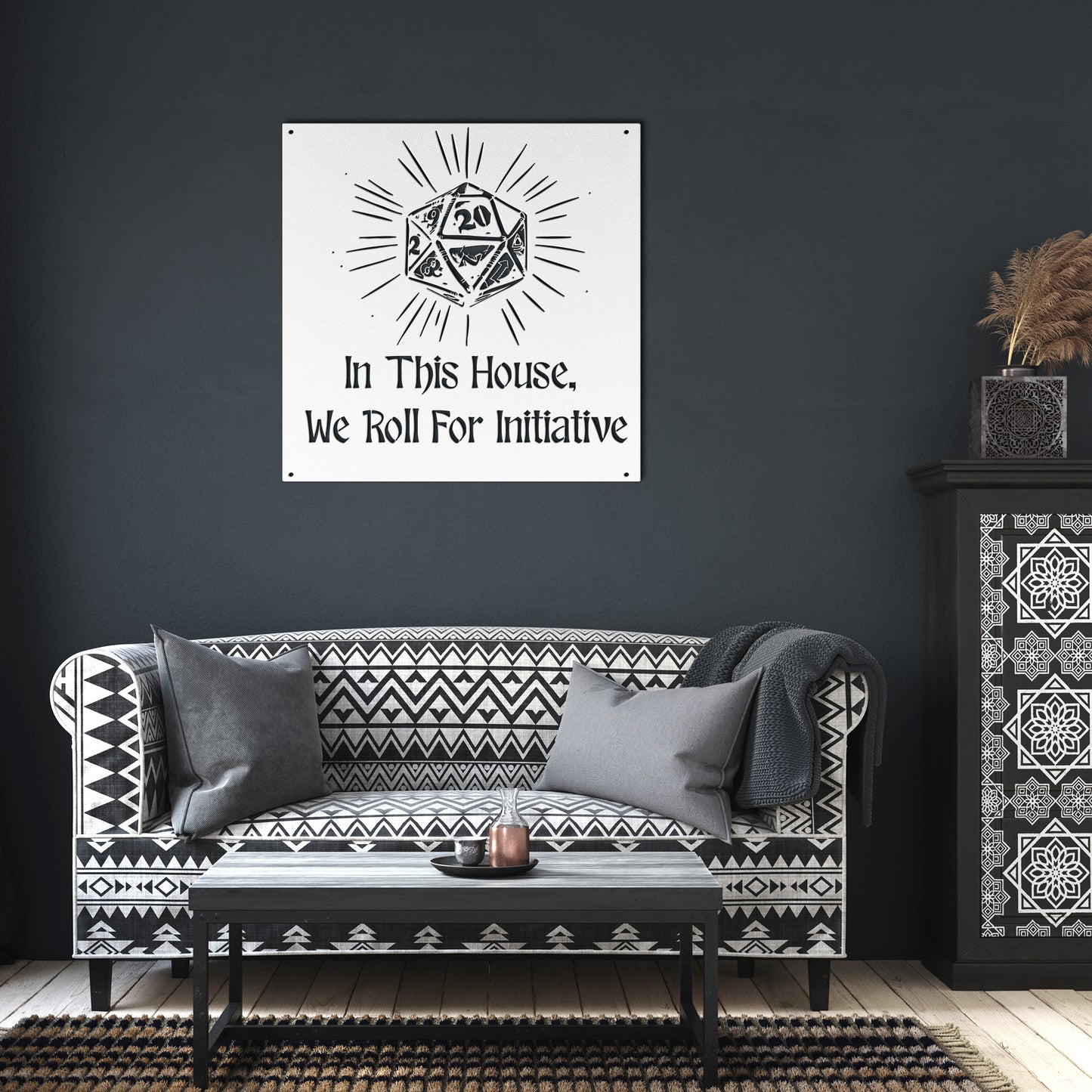 Metal sign featuring the phrase 'In This House, We Roll For Initiative' with a d20 dice design, perfect for tabletop gaming enthusiasts. Made from 18-gauge steel and powder-coated in five color options (black, red, white, copper, and silver). Available in six sizes (36", 30", 24", 18", 14", 12"), suitable for indoor or outdoor display in game rooms, patios, or living spaces. Mounting hardware not included.