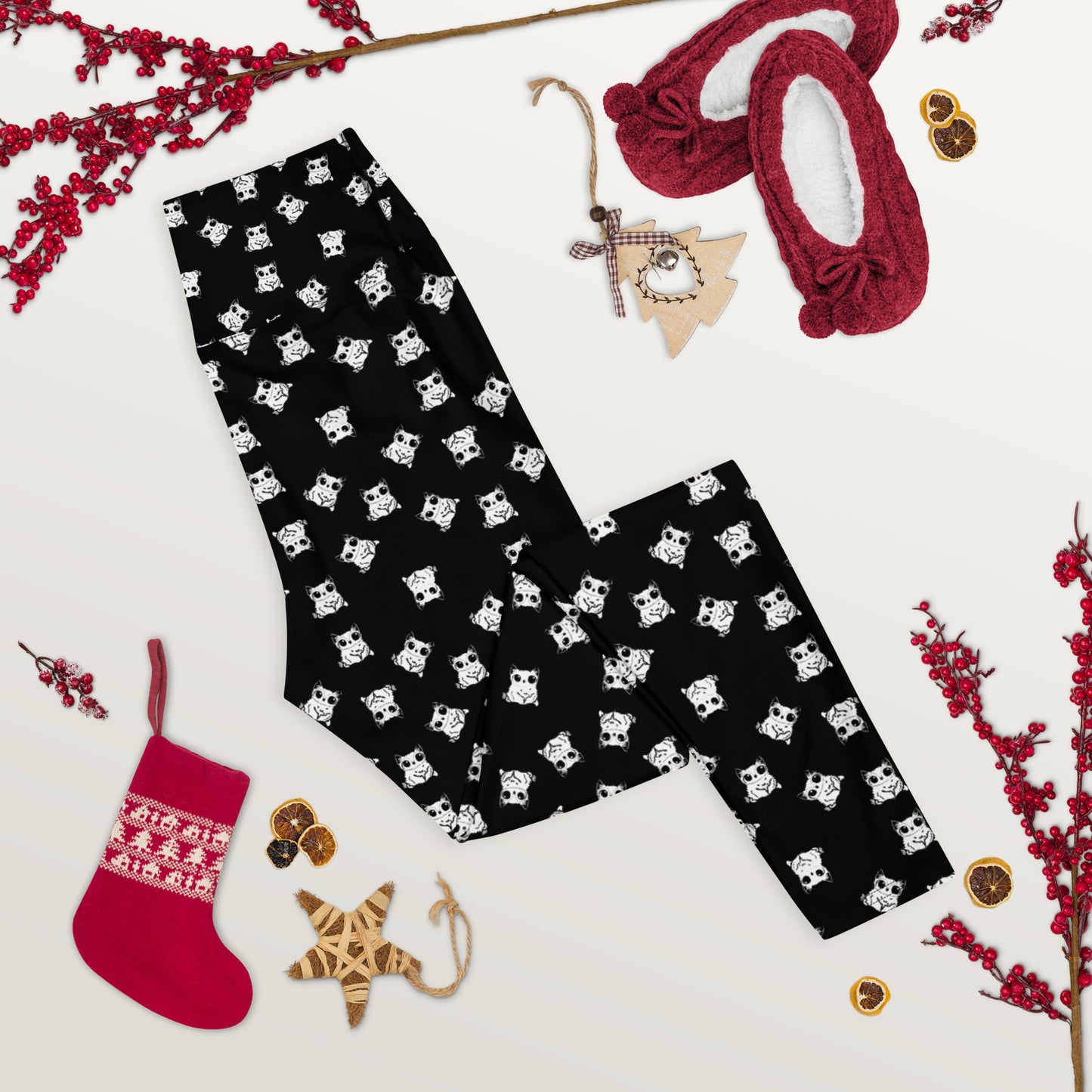 All-over-print leggings featuring adorable baby owlbears, crafted from a blend of 82% polyester and 18% spandex. Designed with four-way stretch fabric for flexible movement, raised waistband for a secure fit, and precision-cut and hand-sewn details. Perfect for lounging or active wear, these whimsical leggings combine playful style with comfort.