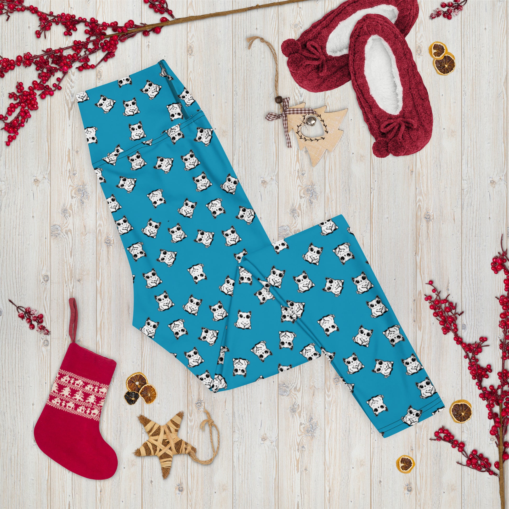 All-over-print leggings featuring adorable baby owlbears, crafted from a blend of 82% polyester and 18% spandex. Designed with four-way stretch fabric for flexible movement, raised waistband for a secure fit, and precision-cut and hand-sewn details. Perfect for lounging or active wear, these whimsical leggings combine playful style with comfort.