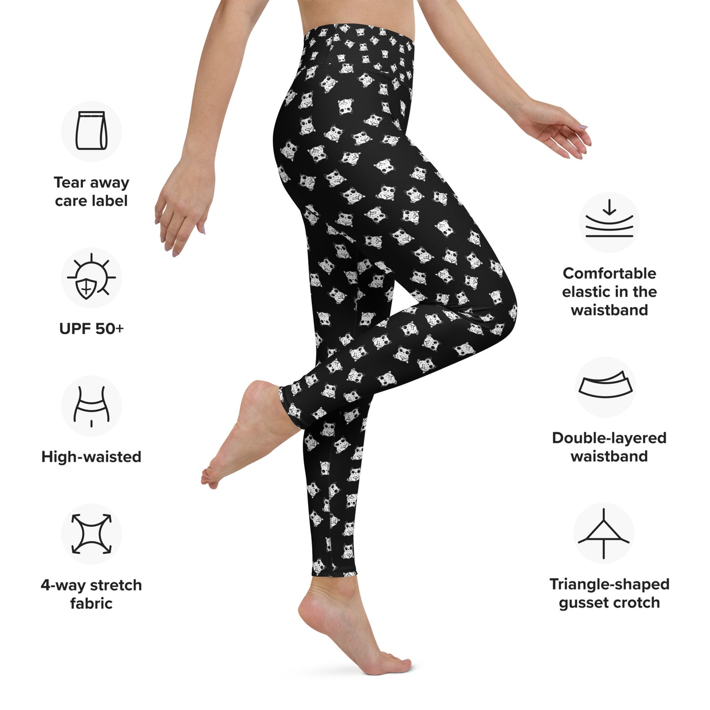 All-over-print leggings featuring adorable baby owlbears, crafted from a blend of 82% polyester and 18% spandex. Designed with four-way stretch fabric for flexible movement, raised waistband for a secure fit, and precision-cut and hand-sewn details. Perfect for lounging or active wear, these whimsical leggings combine playful style with comfort.