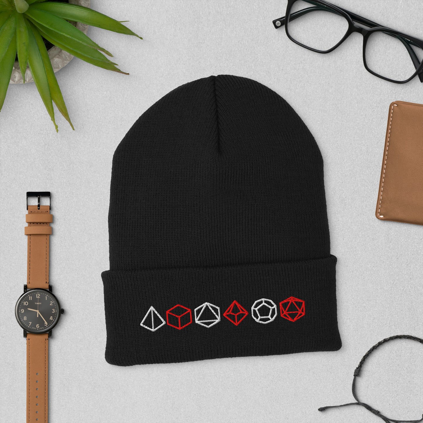 Unisex TTRPG Dice Beanie in Black with Embroidered Polyhedral Dice Design.