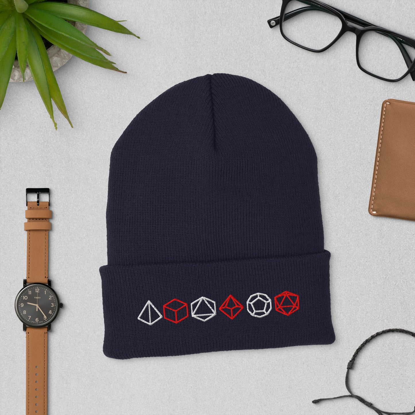 Unisex TTRPG Dice Beanie in Navy with Embroidered Polyhedral Dice Design.