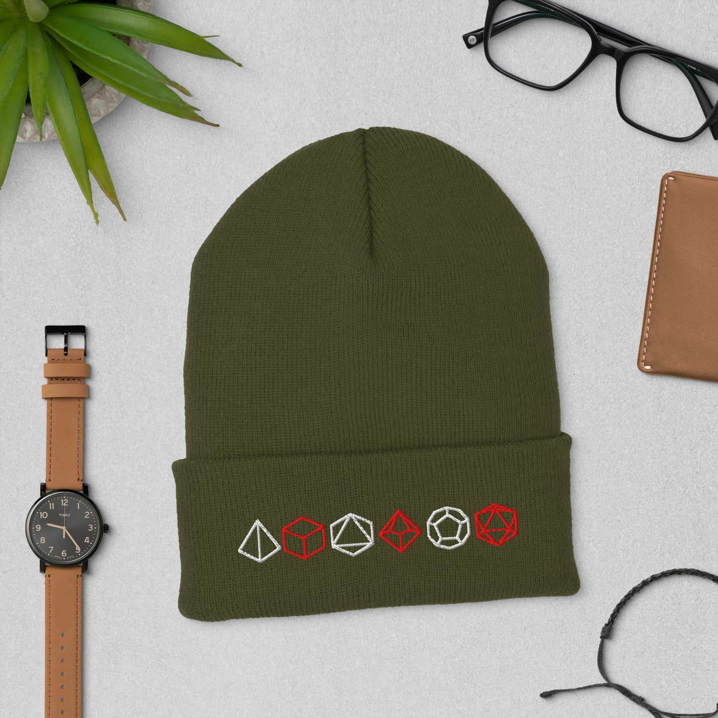 Unisex TTRPG Dice Beanie in Olive with Embroidered Polyhedral Dice Design.