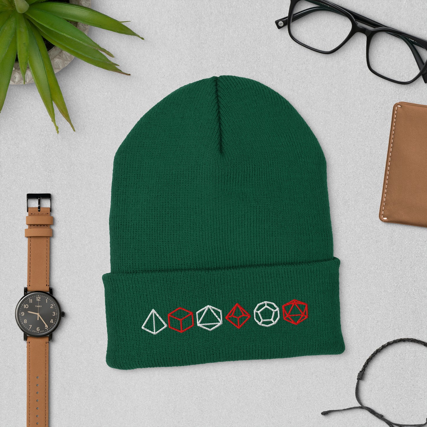 Unisex TTRPG Dice Beanie in Green with Embroidered Polyhedral Dice Design.