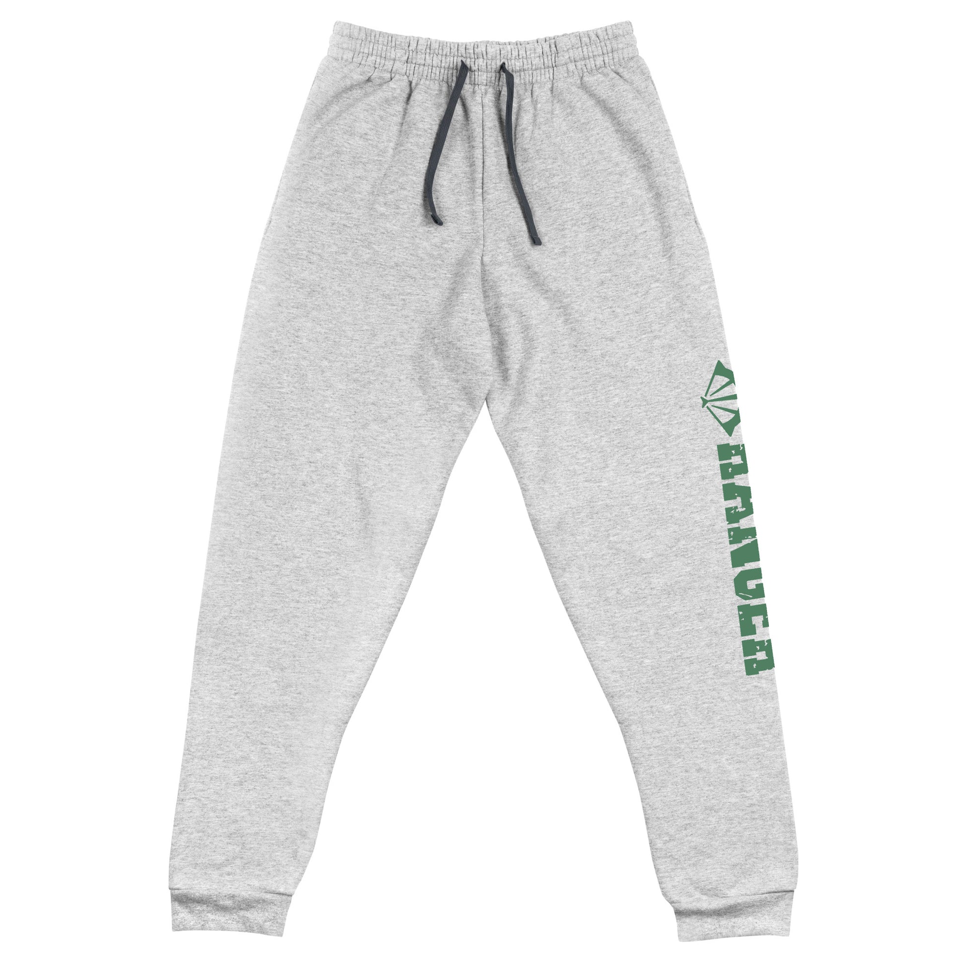 dnd ranger joggers crafted from a luxurious blend of 60% cotton and 40% polyester pre-shrunk fleece, featuring a soft and durable fabric weight of 7.2 oz/yd² (244 g/m²). Designed with a tapered fit, lower rise in the front, and longer rise in the back for optimal movement. Includes an elastic waistband with external drawcord for a customizable fit, 1×1 rib cuffs with spandex for stretch and recovery, and stylish side pockets. The joggers are adorned with a bold 'ranger' graphic on the left leg