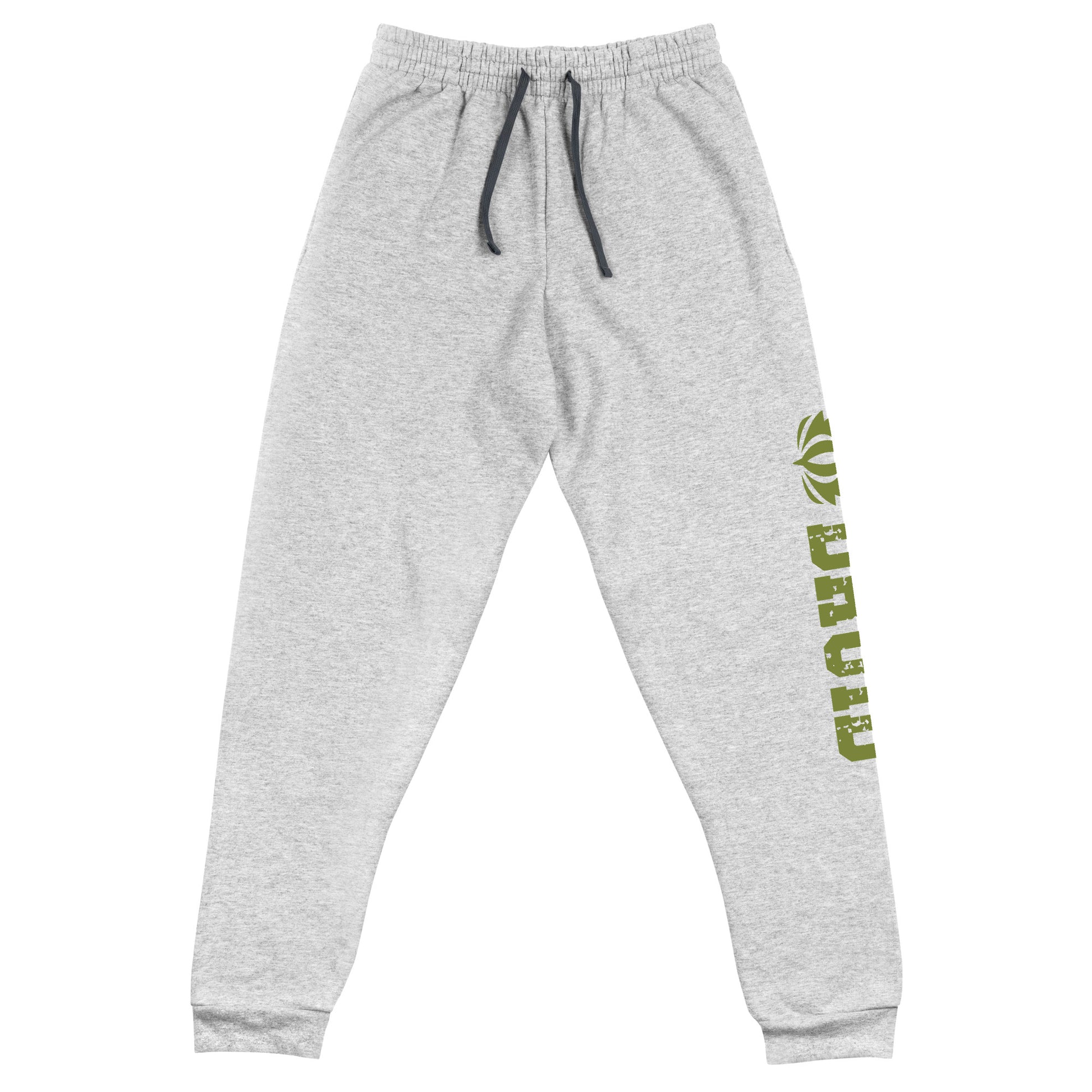 Druid joggers crafted from a luxurious blend of 60% cotton and 40% polyester pre-shrunk fleece, featuring a soft and durable fabric weight of 7.2 oz/yd² (244 g/m²). Designed with a tapered fit, lower rise in the front, and longer rise in the back for optimal movement. Includes an elastic waistband with external drawcord for a customizable fit, 1×1 rib cuffs with spandex for stretch and recovery, and stylish side pockets. The joggers are adorned with a bold 'Druid' graphic on the left leg