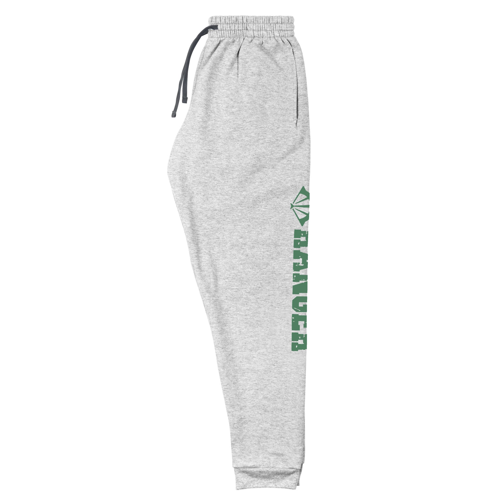 dnd ranger joggers crafted from a luxurious blend of 60% cotton and 40% polyester pre-shrunk fleece, featuring a soft and durable fabric weight of 7.2 oz/yd² (244 g/m²). Designed with a tapered fit, lower rise in the front, and longer rise in the back for optimal movement. Includes an elastic waistband with external drawcord for a customizable fit, 1×1 rib cuffs with spandex for stretch and recovery, and stylish side pockets. The joggers are adorned with a bold 'ranger' graphic on the left leg