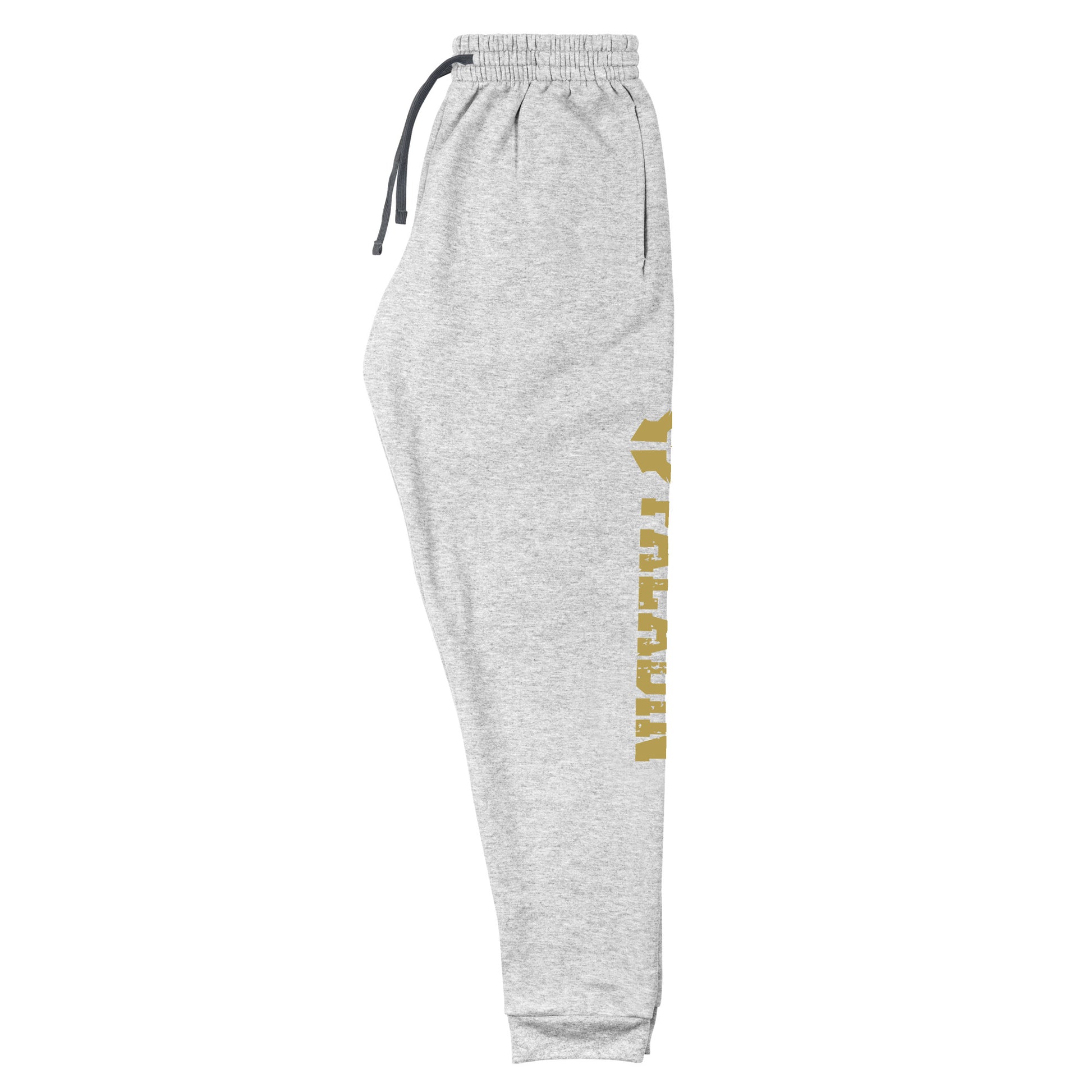 dnd paladin joggers crafted from a luxurious blend of 60% cotton and 40% polyester pre-shrunk fleece, featuring a soft and durable fabric weight of 7.2 oz/yd² (244 g/m²). Designed with a tapered fit, lower rise in the front, and longer rise in the back for optimal movement. Includes an elastic waistband with external drawcord for a customizable fit, 1×1 rib cuffs with spandex for stretch and recovery, and stylish side pockets. The joggers are adorned with a bold 'paladin' graphic on the left leg