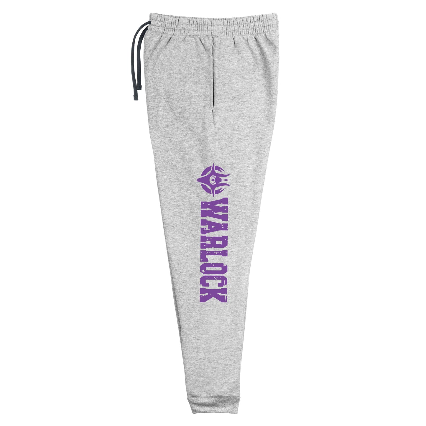 dnd warlock joggers, uxurious blend of 60% cotton and 40% polyester pre-shrunk fleece. Designed with a tapered fit, lower rise in the front, and longer rise in the back for optimal movement. Includes an elastic waistband with external drawcord for a customizable fit, 1×1 rib cuffs with spandex for stretch and recovery, and stylish side pockets. The joggers are adorned with a bold 'warlock' down the left leg