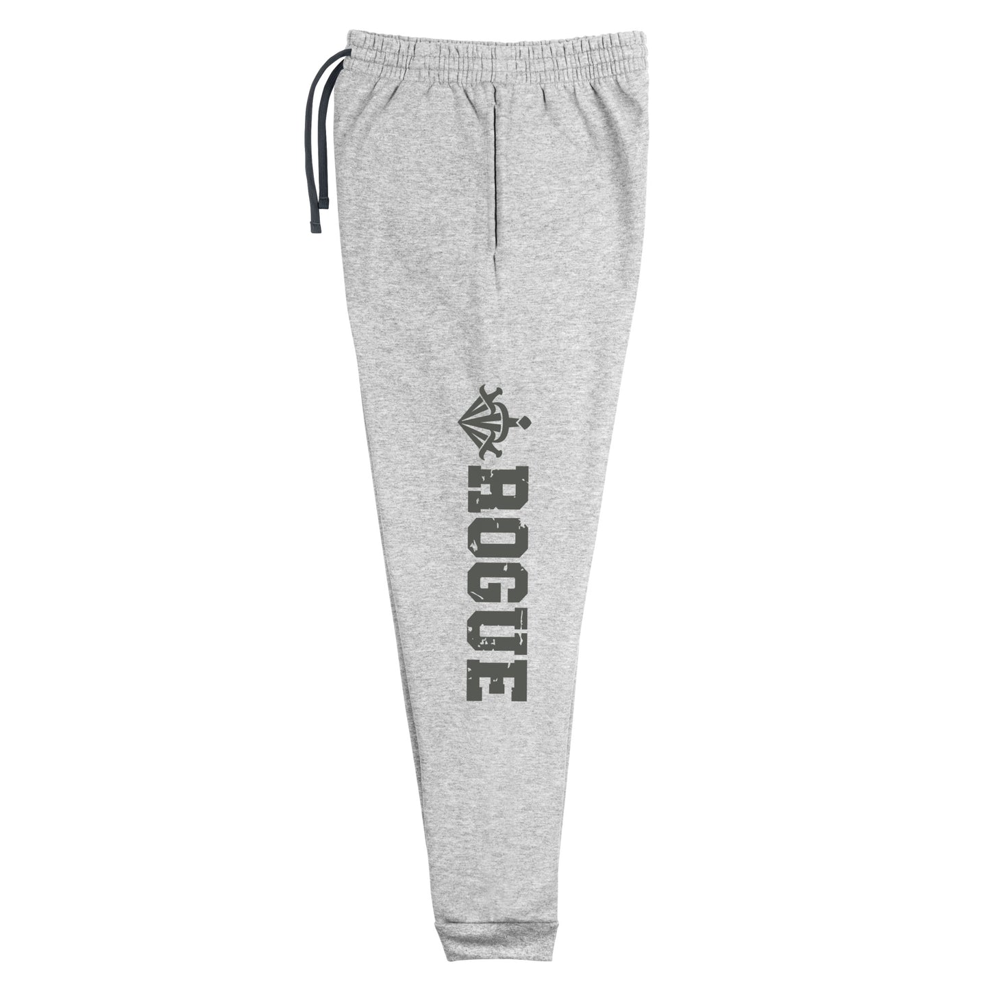 dnd rogue joggers crafted from a luxurious blend of 60% cotton and 40% polyester pre-shrunk fleece, featuring a soft and durable fabric weight of 7.2 oz/yd² (244 g/m²). Designed with a tapered fit, lower rise in the front, and longer rise in the back for optimal movement. Includes an elastic waistband with external drawcord for a customizable fit, 1×1 rib cuffs with spandex for stretch and recovery, and stylish side pockets. The joggers are adorned with a bold 'rogue' graphic on the left leg
