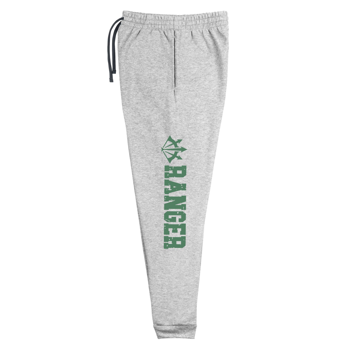 dnd ranger joggers crafted from a luxurious blend of 60% cotton and 40% polyester pre-shrunk fleece, featuring a soft and durable fabric weight of 7.2 oz/yd² (244 g/m²). Designed with a tapered fit, lower rise in the front, and longer rise in the back for optimal movement. Includes an elastic waistband with external drawcord for a customizable fit, 1×1 rib cuffs with spandex for stretch and recovery, and stylish side pockets. The joggers are adorned with a bold 'ranger' graphic on the left leg