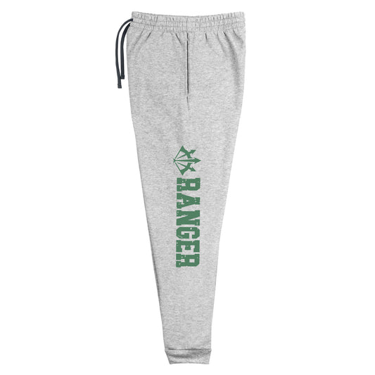 dnd ranger joggers crafted from a luxurious blend of 60% cotton and 40% polyester pre-shrunk fleece, featuring a soft and durable fabric weight of 7.2 oz/yd² (244 g/m²). Designed with a tapered fit, lower rise in the front, and longer rise in the back for optimal movement. Includes an elastic waistband with external drawcord for a customizable fit, 1×1 rib cuffs with spandex for stretch and recovery, and stylish side pockets. The joggers are adorned with a bold 'ranger' graphic on the left leg