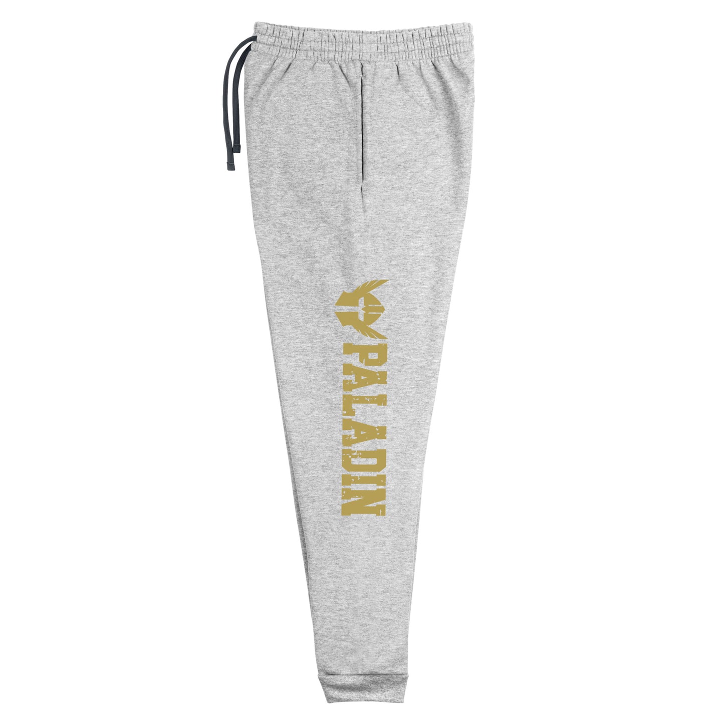 dnd paladin joggers crafted from a luxurious blend of 60% cotton and 40% polyester pre-shrunk fleece, featuring a soft and durable fabric weight of 7.2 oz/yd² (244 g/m²). Designed with a tapered fit, lower rise in the front, and longer rise in the back for optimal movement. Includes an elastic waistband with external drawcord for a customizable fit, 1×1 rib cuffs with spandex for stretch and recovery, and stylish side pockets. The joggers are adorned with a bold 'paladin' graphic on the left leg