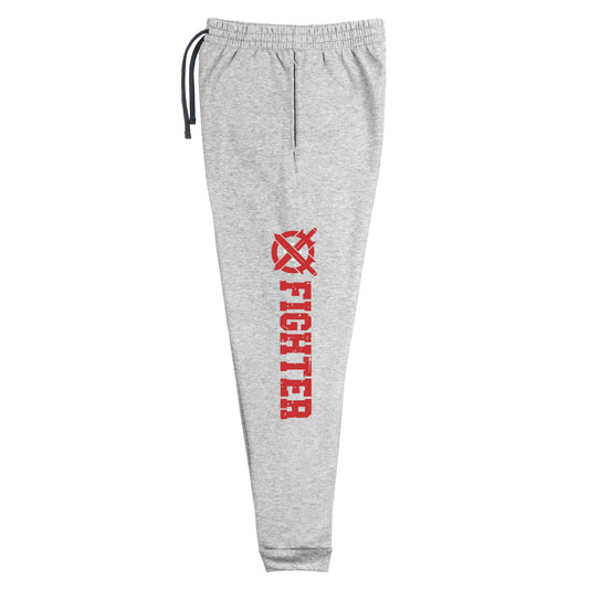 dnd joggers crafted from a luxurious blend of 60% cotton and 40% polyester pre-shrunk fleece, featuring a soft and durable fabric weight of 7.2 oz/yd² (244 g/m²). Designed with a tapered fit, lower rise in the front, and longer rise in the back for optimal movement. Includes an elastic waistband with external drawcord for a customizable fit, 1×1 rib cuffs with spandex for stretch and recovery, and stylish side pockets. The joggers are adorned with a bold 'FIGHTER' graphic on the left leg