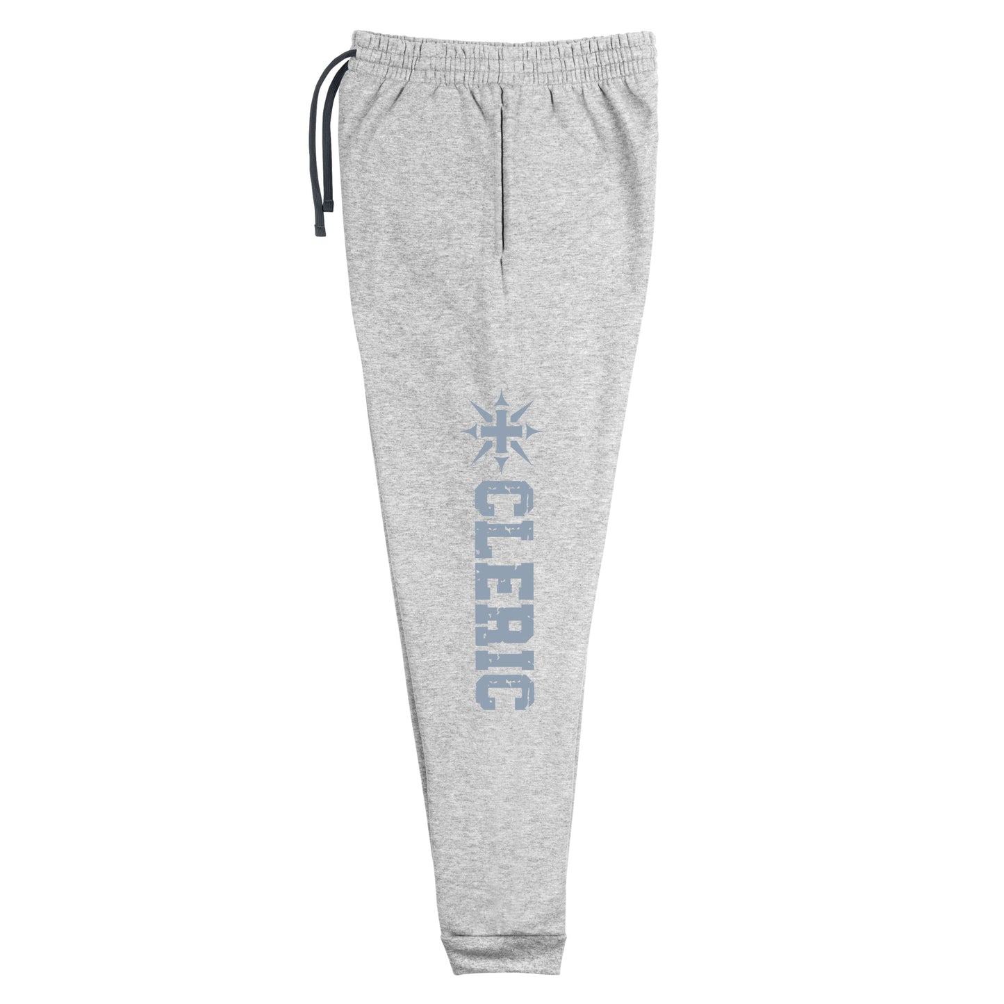 Cleric joggers made from a cozy blend of 60% cotton and 40% polyester pre-shrunk fleece, for durability and softness. Designed with a tapered fit featuring a lower rise in the front and a longer rise in the back for a flattering silhouette. Equipped with an elastic waistband and external drawcord for a customizable fit, 1×1 rib cuffs with spandex for stretch and recovery, stylish side pockets, and a striking 'Cleric' graphic along the left leg, ideal for adventurers and healers.