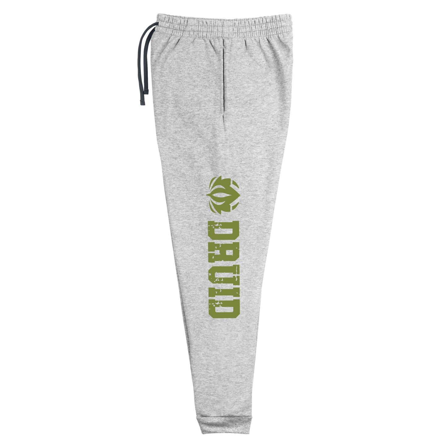 Druid joggers crafted from a luxurious blend of 60% cotton and 40% polyester pre-shrunk fleece, featuring a soft and durable fabric weight of 7.2 oz/yd² (244 g/m²). Designed with a tapered fit, lower rise in the front, and longer rise in the back for optimal movement. Includes an elastic waistband with external drawcord for a customizable fit, 1×1 rib cuffs with spandex for stretch and recovery, and stylish side pockets. The joggers are adorned with a bold 'Druid' graphic on the left leg