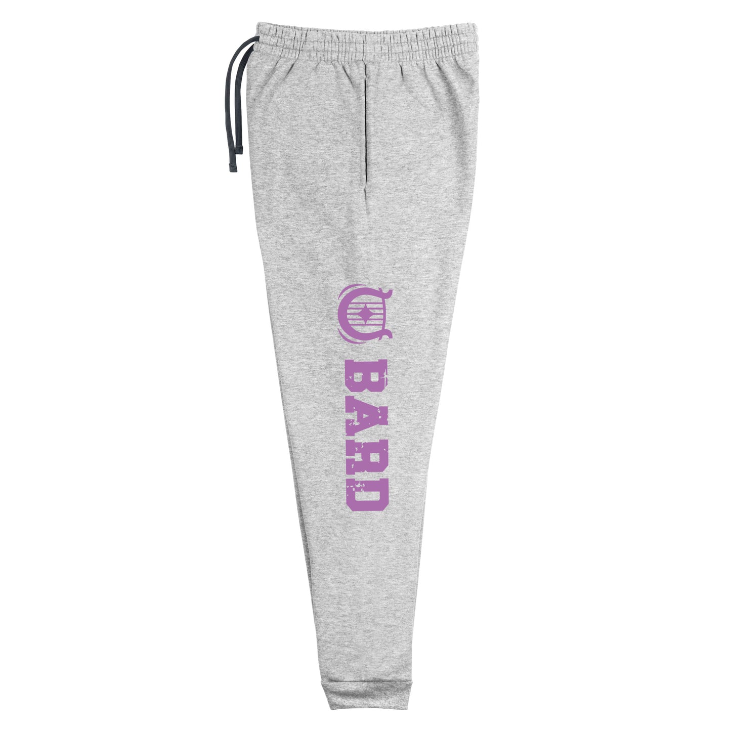 Bard joggers made from a premium blend of 60% cotton and 40% polyester pre-shrunk fleece, weighing 7.2 oz/yd² (244 g/m²) for comfort and durability. Designed with a tapered fit featuring a lower rise in the front and a longer rise in the back for ease of movement. Equipped with an elastic waistband and external drawcord for a customizable fit, 1×1 rib cuffs with spandex for flexibility and recovery, stylish side pockets, and a bold 'Bard' graphic along the left leg, perfect for adventurers and storytellers