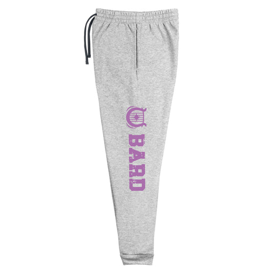 Bard joggers made from a premium blend of 60% cotton and 40% polyester pre-shrunk fleece, weighing 7.2 oz/yd² (244 g/m²) for comfort and durability. Designed with a tapered fit featuring a lower rise in the front and a longer rise in the back for ease of movement. Equipped with an elastic waistband and external drawcord for a customizable fit, 1×1 rib cuffs with spandex for flexibility and recovery, stylish side pockets, and a bold 'Bard' graphic along the left leg, perfect for adventurers and storytellers