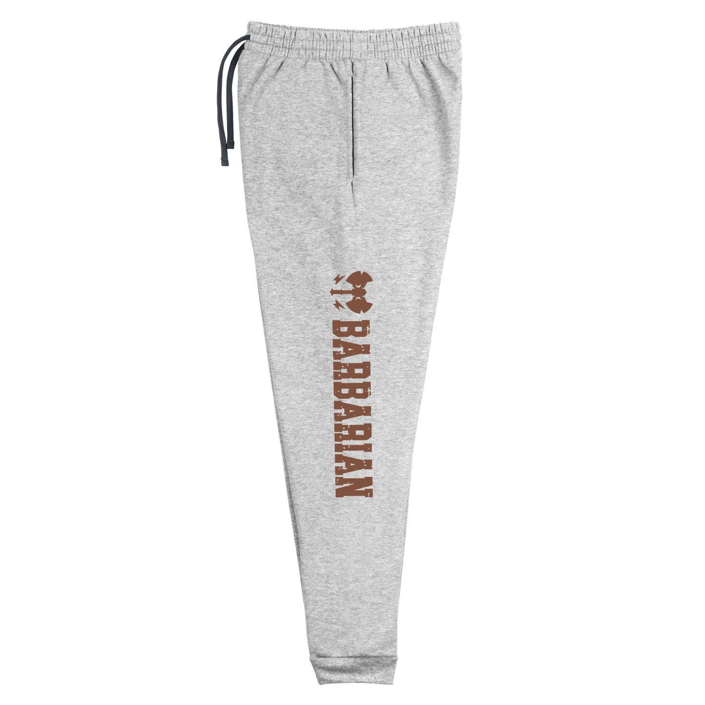 Barbarian joggers crafted from a luxurious blend of 60% cotton and 40% polyester pre-shrunk fleece, featuring a substantial fabric weight of 7.2 oz/yd² (244 g/m²). Designed with a tapered fit, lower rise front, and longer rise back for optimal movement. Equipped with an elastic waistband and external drawcord for a personalized fit, 1×1 rib cuffs with spandex for stretch and recovery, stylish contrast color drawcords, side pockets, and a bold 'Barbarian' graphic along the left leg, perfect for any adventure