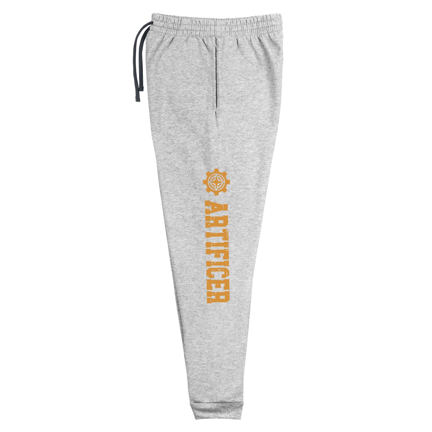 Artificer joggers made from a premium blend of 60% cotton and 40% polyester pre-shrunk fleece, featuring a tapered fit with lower rise front and longer rise back, elastic waistband with external drawcord, stylish contrast detailing, and side pockets, showcasing a bold 'Artificer' graphic along the left leg, perfect for comfort and creativity during gaming sessions or casual wear.