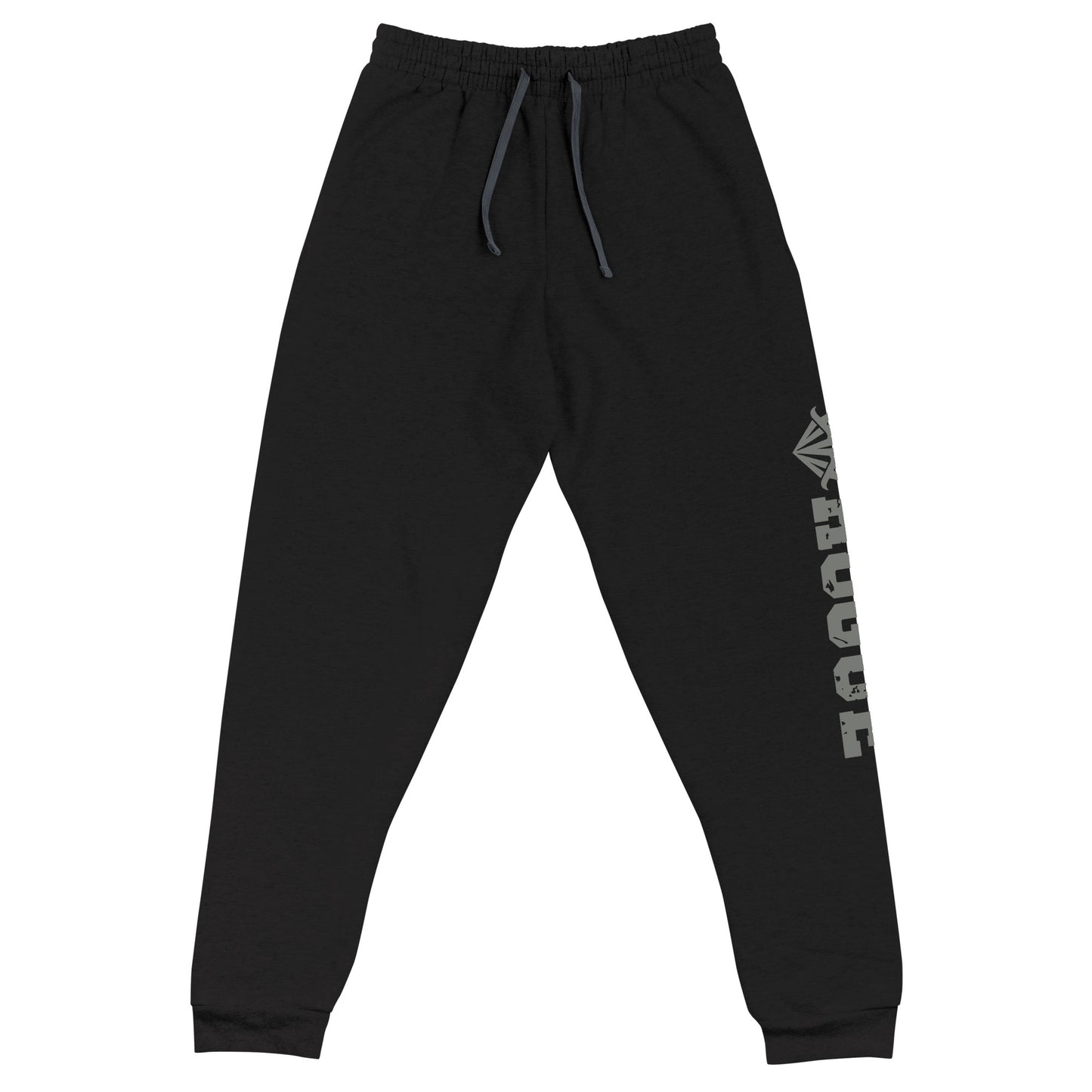 dnd rogue joggers crafted from a luxurious blend of 60% cotton and 40% polyester pre-shrunk fleece, featuring a soft and durable fabric weight of 7.2 oz/yd² (244 g/m²). Designed with a tapered fit, lower rise in the front, and longer rise in the back for optimal movement. Includes an elastic waistband with external drawcord for a customizable fit, 1×1 rib cuffs with spandex for stretch and recovery, and stylish side pockets. The joggers are adorned with a bold 'rogue' graphic on the left leg