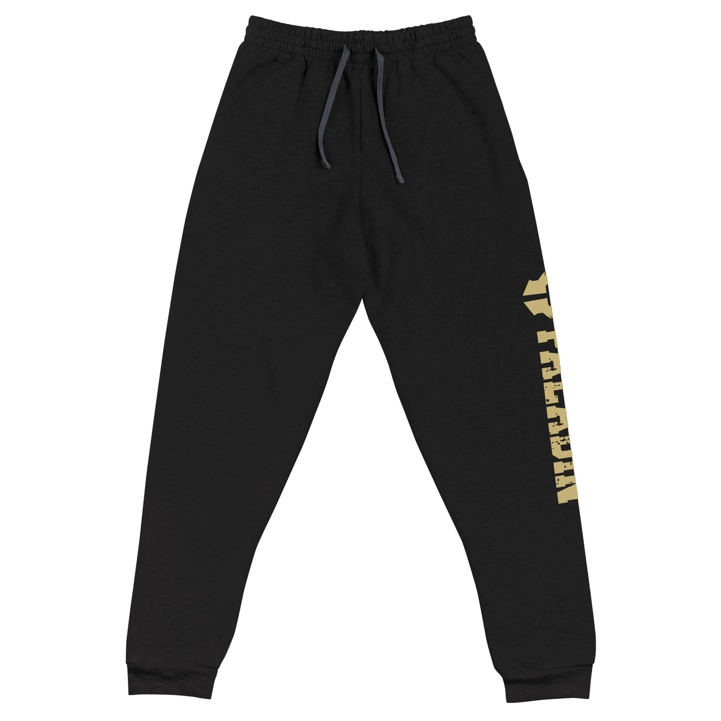 dnd paladin joggers crafted from a luxurious blend of 60% cotton and 40% polyester pre-shrunk fleece, featuring a soft and durable fabric weight of 7.2 oz/yd² (244 g/m²). Designed with a tapered fit, lower rise in the front, and longer rise in the back for optimal movement. Includes an elastic waistband with external drawcord for a customizable fit, 1×1 rib cuffs with spandex for stretch and recovery, and stylish side pockets. The joggers are adorned with a bold 'paladin' graphic on the left leg