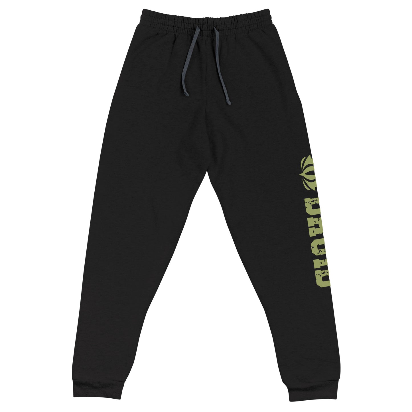 Druid joggers crafted from a luxurious blend of 60% cotton and 40% polyester pre-shrunk fleece, featuring a soft and durable fabric weight of 7.2 oz/yd² (244 g/m²). Designed with a tapered fit, lower rise in the front, and longer rise in the back for optimal movement. Includes an elastic waistband with external drawcord for a customizable fit, 1×1 rib cuffs with spandex for stretch and recovery, and stylish side pockets. The joggers are adorned with a bold 'Druid' graphic on the left leg