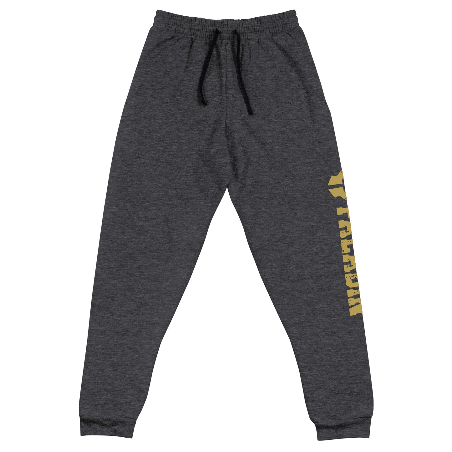 dnd paladin joggers crafted from a luxurious blend of 60% cotton and 40% polyester pre-shrunk fleece, featuring a soft and durable fabric weight of 7.2 oz/yd² (244 g/m²). Designed with a tapered fit, lower rise in the front, and longer rise in the back for optimal movement. Includes an elastic waistband with external drawcord for a customizable fit, 1×1 rib cuffs with spandex for stretch and recovery, and stylish side pockets. The joggers are adorned with a bold 'paladin' graphic on the left leg