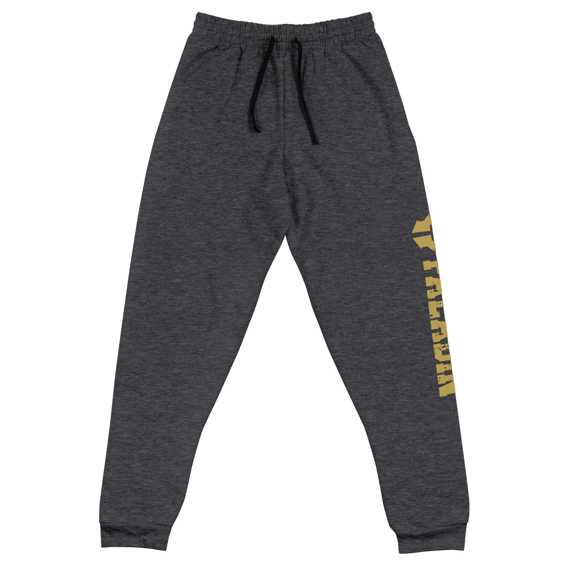 dnd paladin joggers crafted from a luxurious blend of 60% cotton and 40% polyester pre-shrunk fleece, featuring a soft and durable fabric weight of 7.2 oz/yd² (244 g/m²). Designed with a tapered fit, lower rise in the front, and longer rise in the back for optimal movement. Includes an elastic waistband with external drawcord for a customizable fit, 1×1 rib cuffs with spandex for stretch and recovery, and stylish side pockets. The joggers are adorned with a bold 'paladin' graphic on the left leg