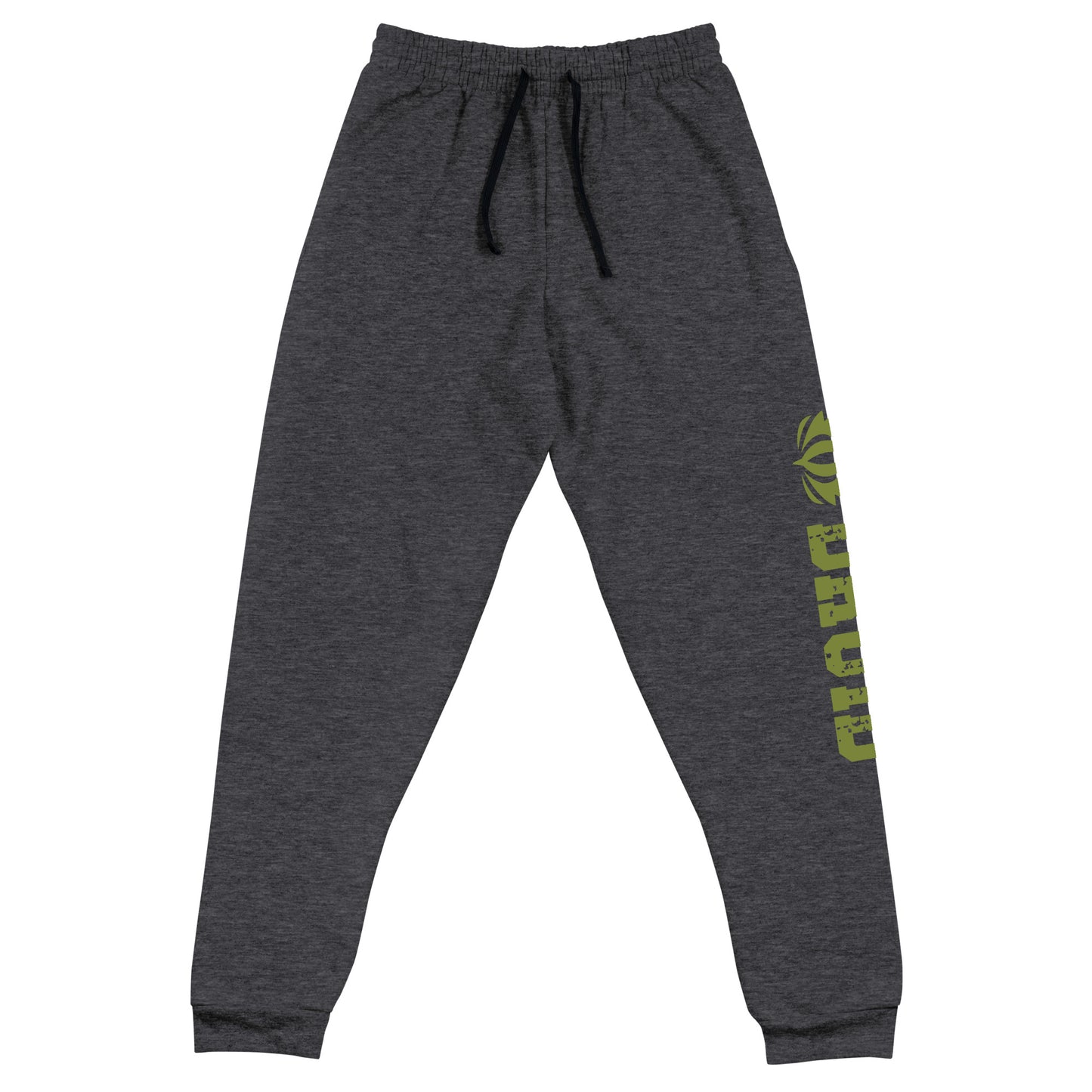 Druid joggers crafted from a luxurious blend of 60% cotton and 40% polyester pre-shrunk fleece, featuring a soft and durable fabric weight of 7.2 oz/yd² (244 g/m²). Designed with a tapered fit, lower rise in the front, and longer rise in the back for optimal movement. Includes an elastic waistband with external drawcord for a customizable fit, 1×1 rib cuffs with spandex for stretch and recovery, and stylish side pockets. The joggers are adorned with a bold 'Druid' graphic on the left leg