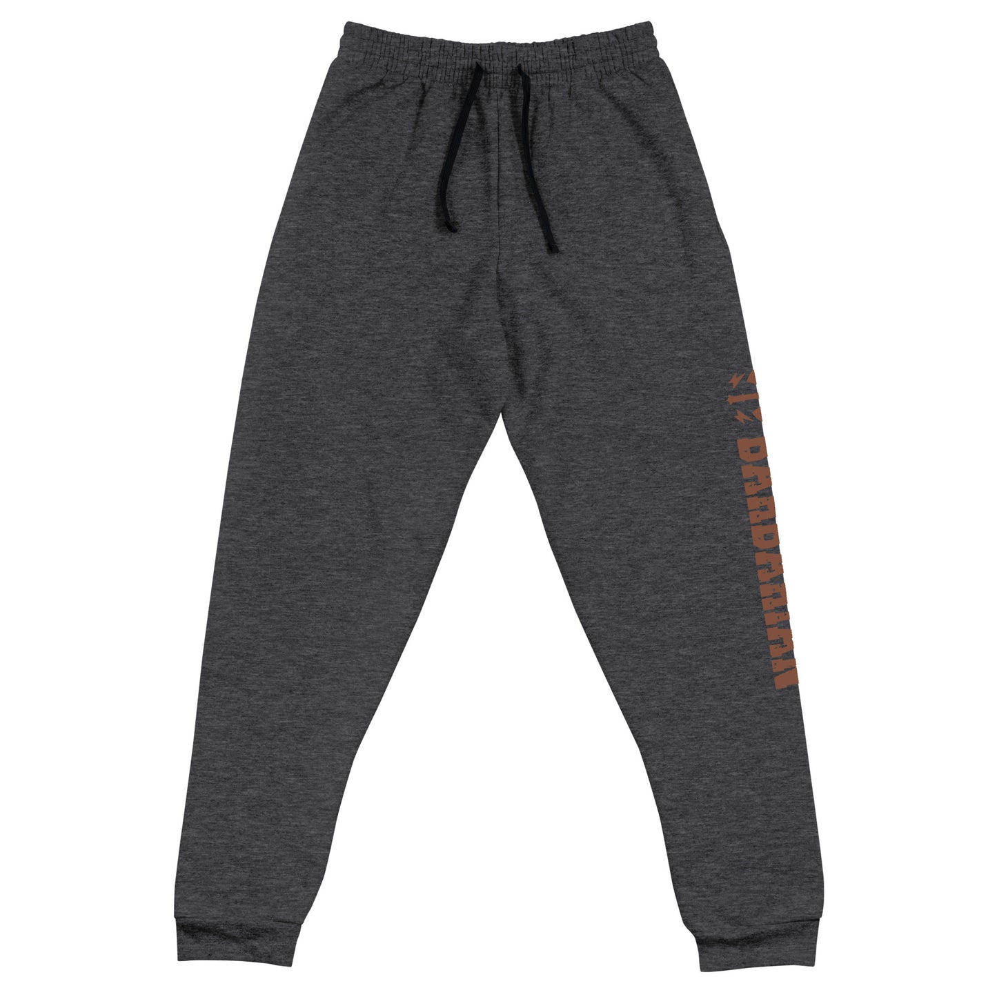 Barbarian joggers crafted from a luxurious blend of 60% cotton and 40% polyester pre-shrunk fleece, featuring a substantial fabric weight of 7.2 oz/yd² (244 g/m²). Designed with a tapered fit, lower rise front, and longer rise back for optimal movement. Equipped with an elastic waistband and external drawcord for a personalized fit, 1×1 rib cuffs with spandex for stretch and recovery, stylish contrast color drawcords, side pockets, and a bold 'Barbarian' graphic along the left leg, perfect for any adventure
