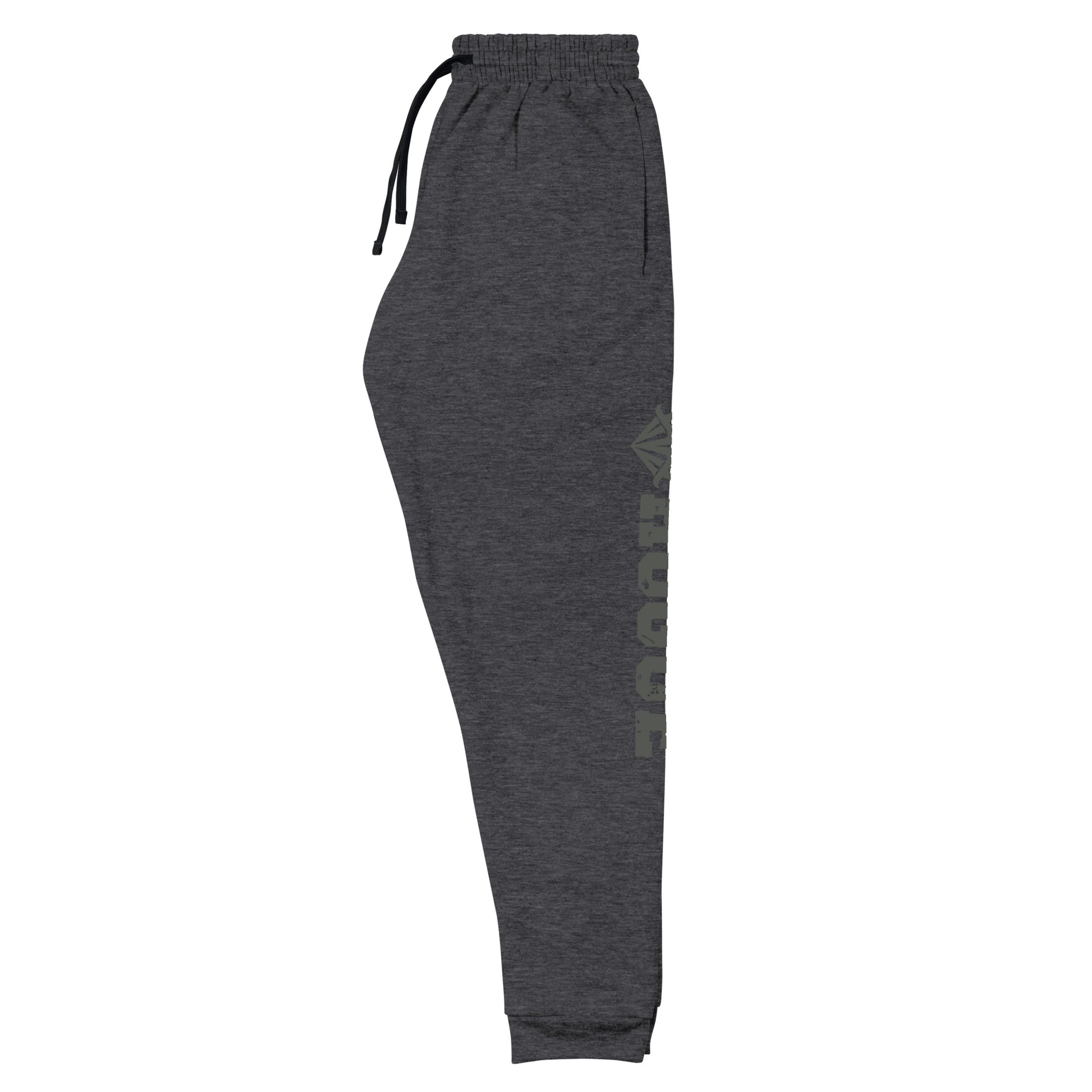 dnd rogue joggers crafted from a luxurious blend of 60% cotton and 40% polyester pre-shrunk fleece, featuring a soft and durable fabric weight of 7.2 oz/yd² (244 g/m²). Designed with a tapered fit, lower rise in the front, and longer rise in the back for optimal movement. Includes an elastic waistband with external drawcord for a customizable fit, 1×1 rib cuffs with spandex for stretch and recovery, and stylish side pockets. The joggers are adorned with a bold 'rogue' graphic on the left leg