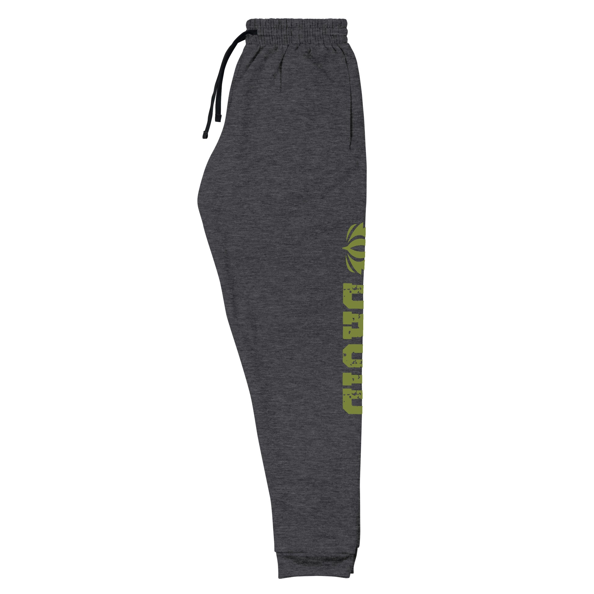 Druid joggers crafted from a luxurious blend of 60% cotton and 40% polyester pre-shrunk fleece, featuring a soft and durable fabric weight of 7.2 oz/yd² (244 g/m²). Designed with a tapered fit, lower rise in the front, and longer rise in the back for optimal movement. Includes an elastic waistband with external drawcord for a customizable fit, 1×1 rib cuffs with spandex for stretch and recovery, and stylish side pockets. The joggers are adorned with a bold 'Druid' graphic on the left leg