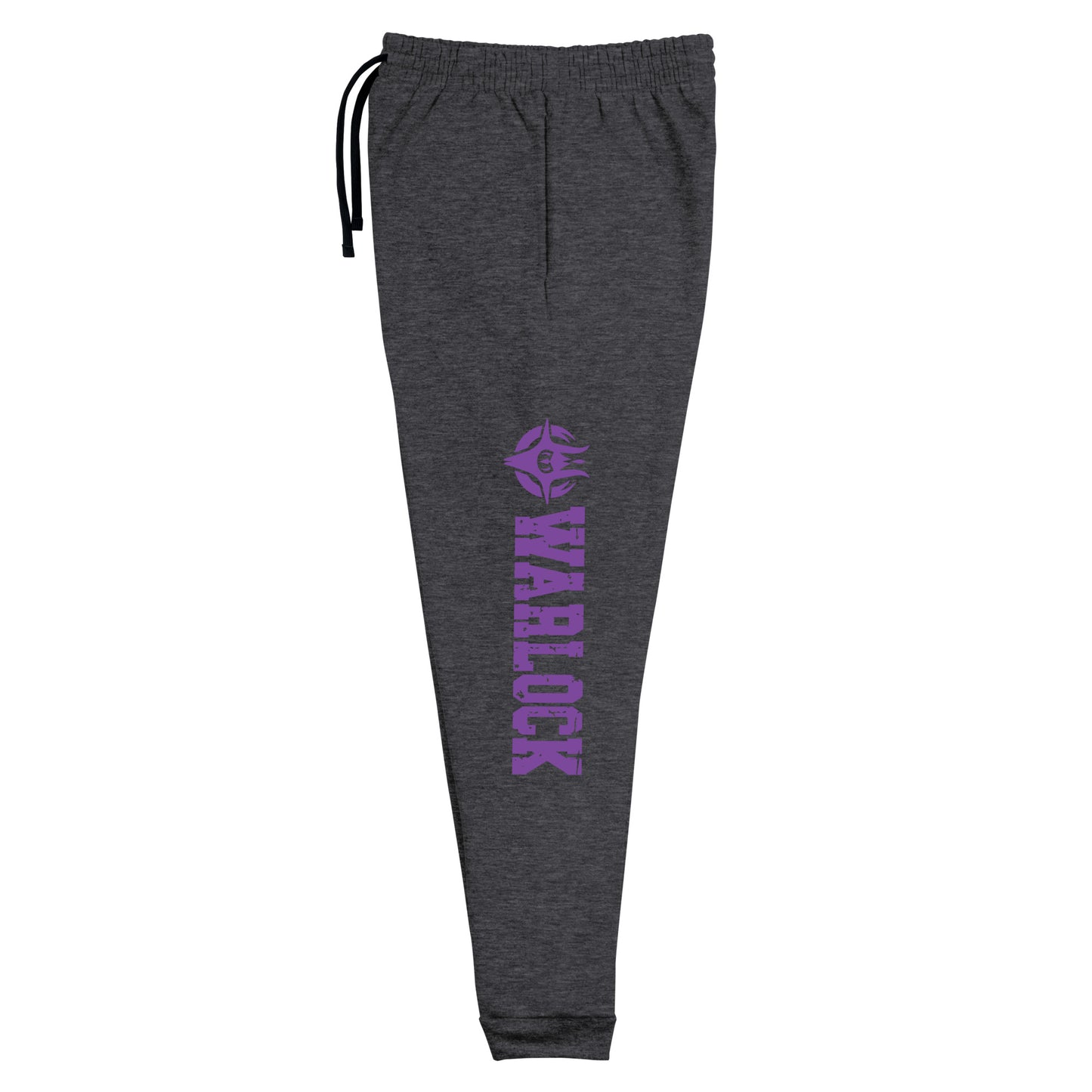 dnd warlock joggers, uxurious blend of 60% cotton and 40% polyester pre-shrunk fleece. Designed with a tapered fit, lower rise in the front, and longer rise in the back for optimal movement. Includes an elastic waistband with external drawcord for a customizable fit, 1×1 rib cuffs with spandex for stretch and recovery, and stylish side pockets. The joggers are adorned with a bold 'warlock' down the left leg