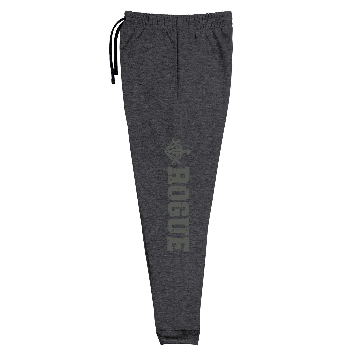 dnd rogue joggers crafted from a luxurious blend of 60% cotton and 40% polyester pre-shrunk fleece, featuring a soft and durable fabric weight of 7.2 oz/yd² (244 g/m²). Designed with a tapered fit, lower rise in the front, and longer rise in the back for optimal movement. Includes an elastic waistband with external drawcord for a customizable fit, 1×1 rib cuffs with spandex for stretch and recovery, and stylish side pockets. The joggers are adorned with a bold 'rogue' graphic on the left leg