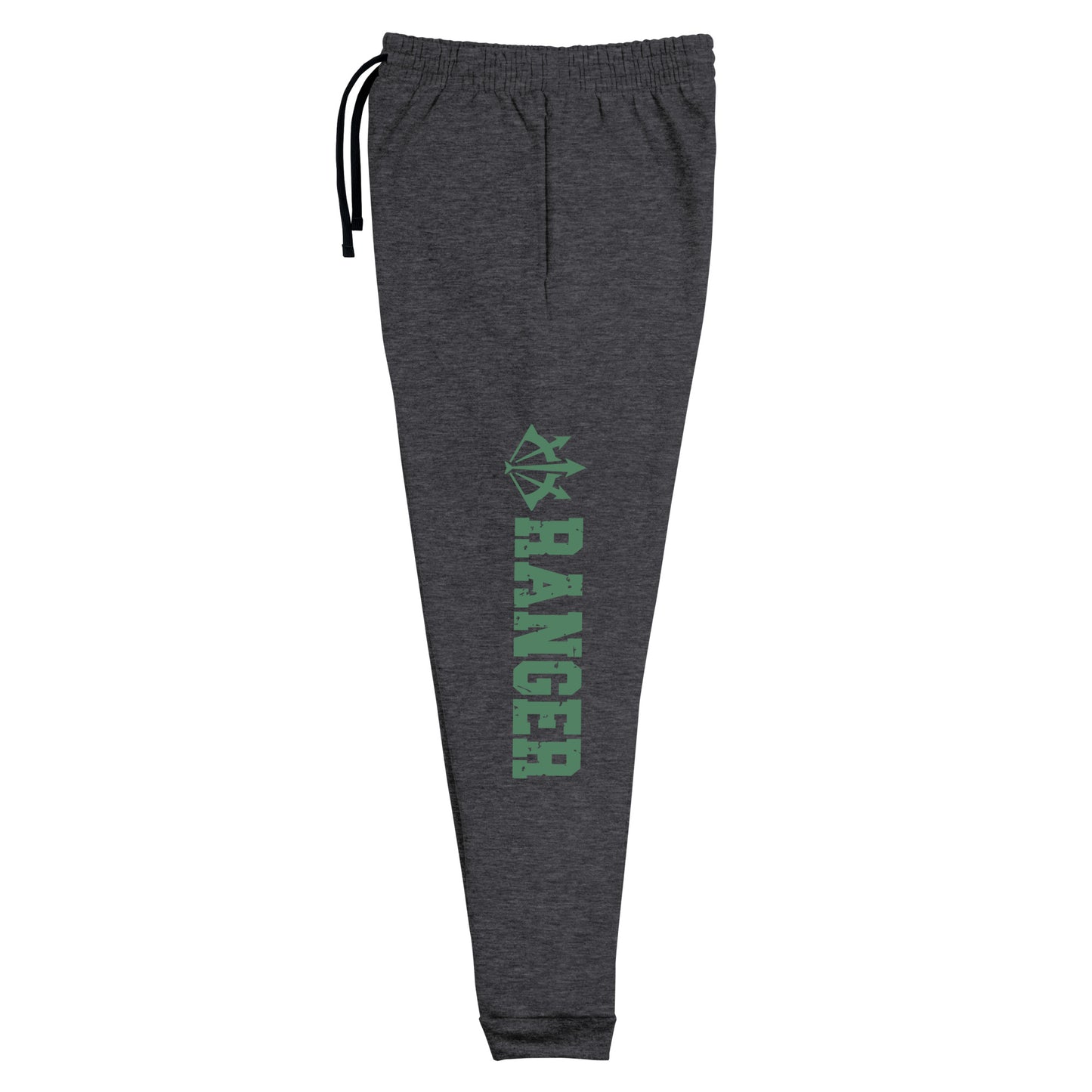 dnd ranger joggers crafted from a luxurious blend of 60% cotton and 40% polyester pre-shrunk fleece, featuring a soft and durable fabric weight of 7.2 oz/yd² (244 g/m²). Designed with a tapered fit, lower rise in the front, and longer rise in the back for optimal movement. Includes an elastic waistband with external drawcord for a customizable fit, 1×1 rib cuffs with spandex for stretch and recovery, and stylish side pockets. The joggers are adorned with a bold 'ranger' graphic on the left leg