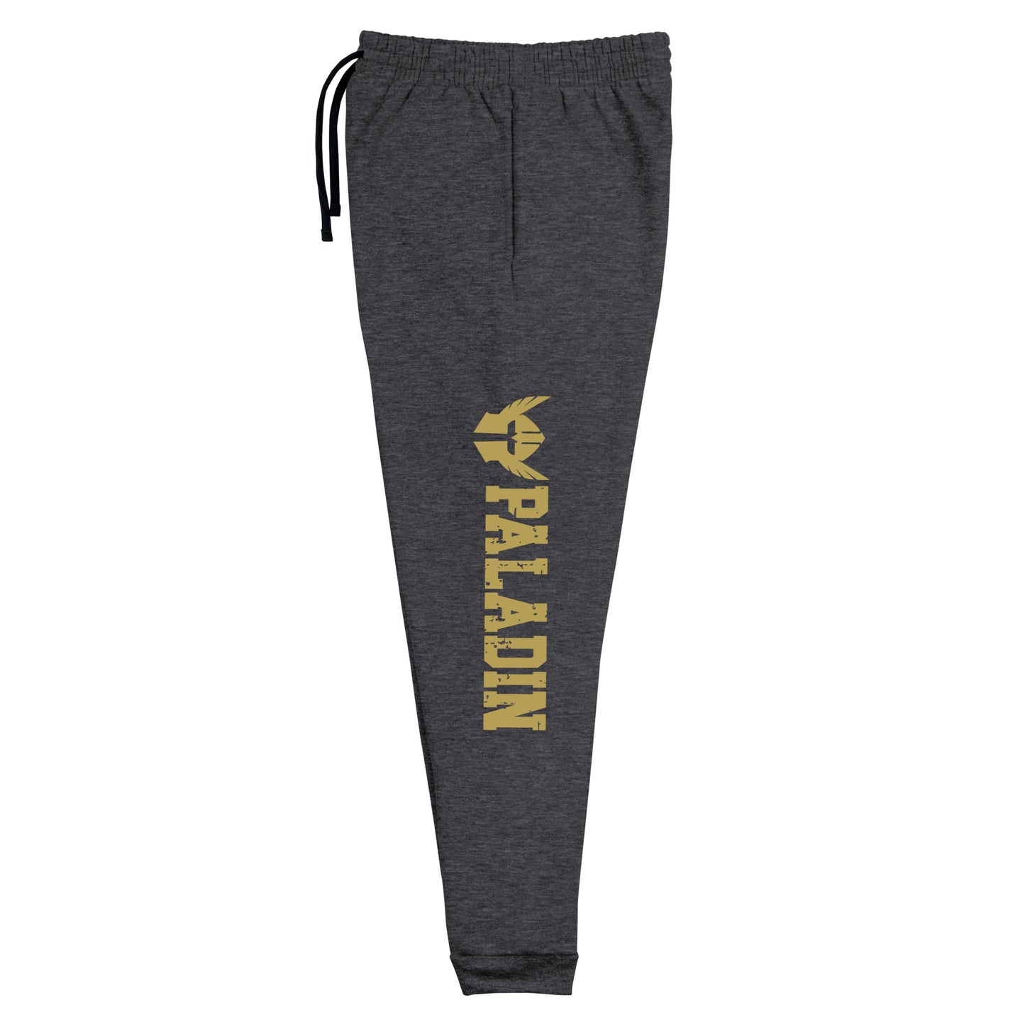 dnd paladin joggers crafted from a luxurious blend of 60% cotton and 40% polyester pre-shrunk fleece, featuring a soft and durable fabric weight of 7.2 oz/yd² (244 g/m²). Designed with a tapered fit, lower rise in the front, and longer rise in the back for optimal movement. Includes an elastic waistband with external drawcord for a customizable fit, 1×1 rib cuffs with spandex for stretch and recovery, and stylish side pockets. The joggers are adorned with a bold 'paladin' graphic on the left leg