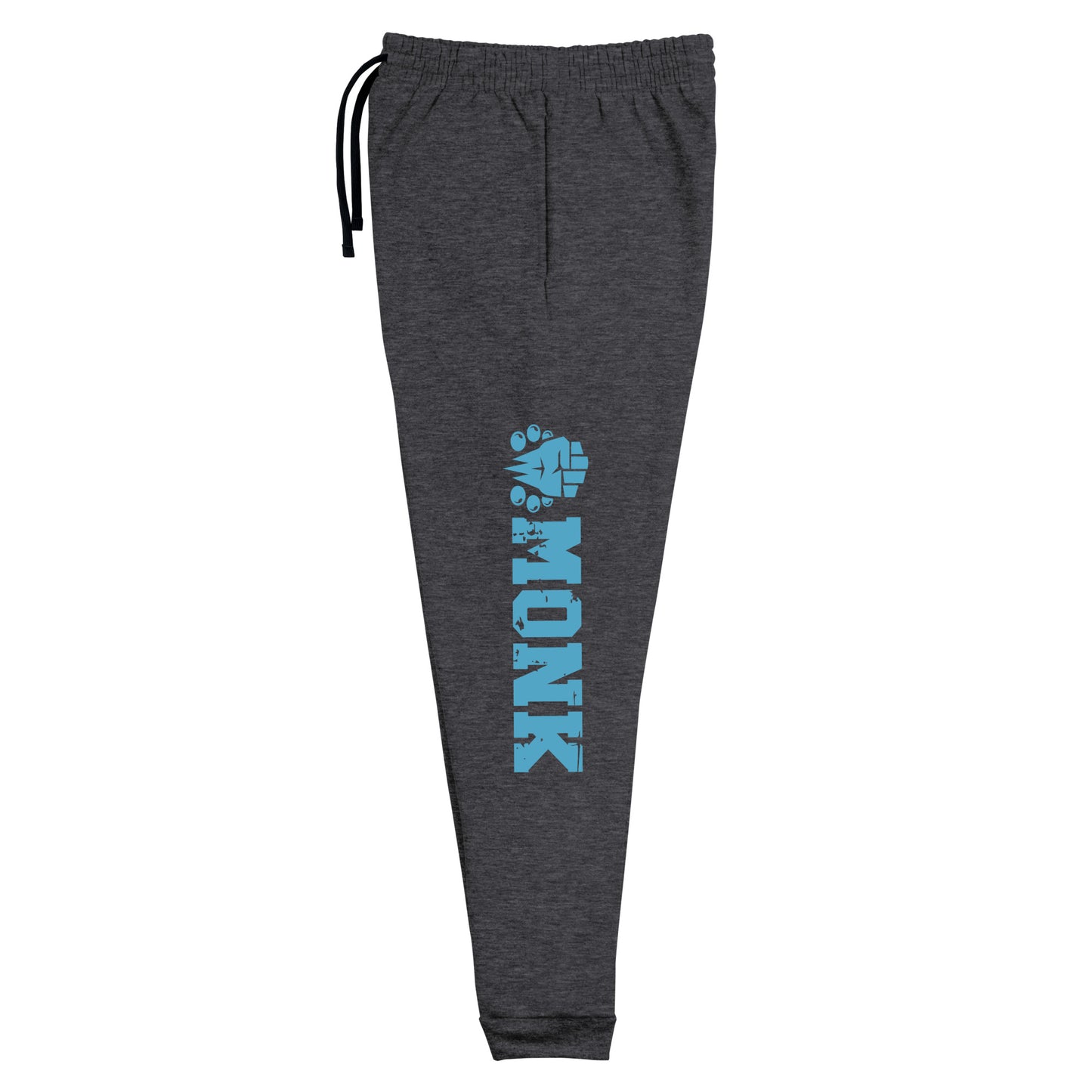 dnd monk joggers crafted from a luxurious blend of 60% cotton and 40% polyester pre-shrunk fleece, featuring a soft and durable fabric weight of 7.2 oz/yd² (244 g/m²). Designed with a tapered fit, lower rise in the front, and longer rise in the back for optimal movement. Includes an elastic waistband with external drawcord for a customizable fit, 1×1 rib cuffs with spandex for stretch and recovery, and stylish side pockets. The joggers are adorned with a bold 'monk' graphic on the left leg