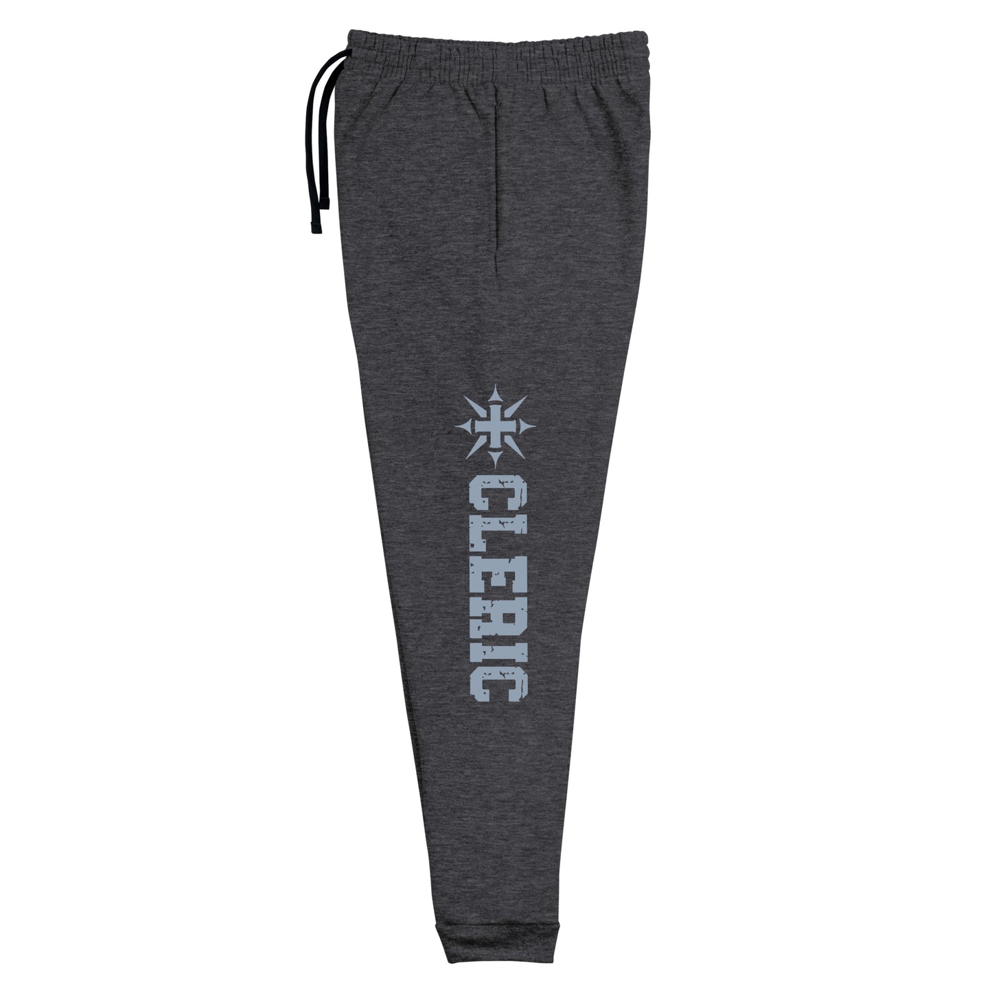 Cleric joggers made from a cozy blend of 60% cotton and 40% polyester pre-shrunk fleece, for durability and softness. Designed with a tapered fit featuring a lower rise in the front and a longer rise in the back for a flattering silhouette. Equipped with an elastic waistband and external drawcord for a customizable fit, 1×1 rib cuffs with spandex for stretch and recovery, stylish side pockets, and a striking 'Cleric' graphic along the left leg, ideal for adventurers and healers.